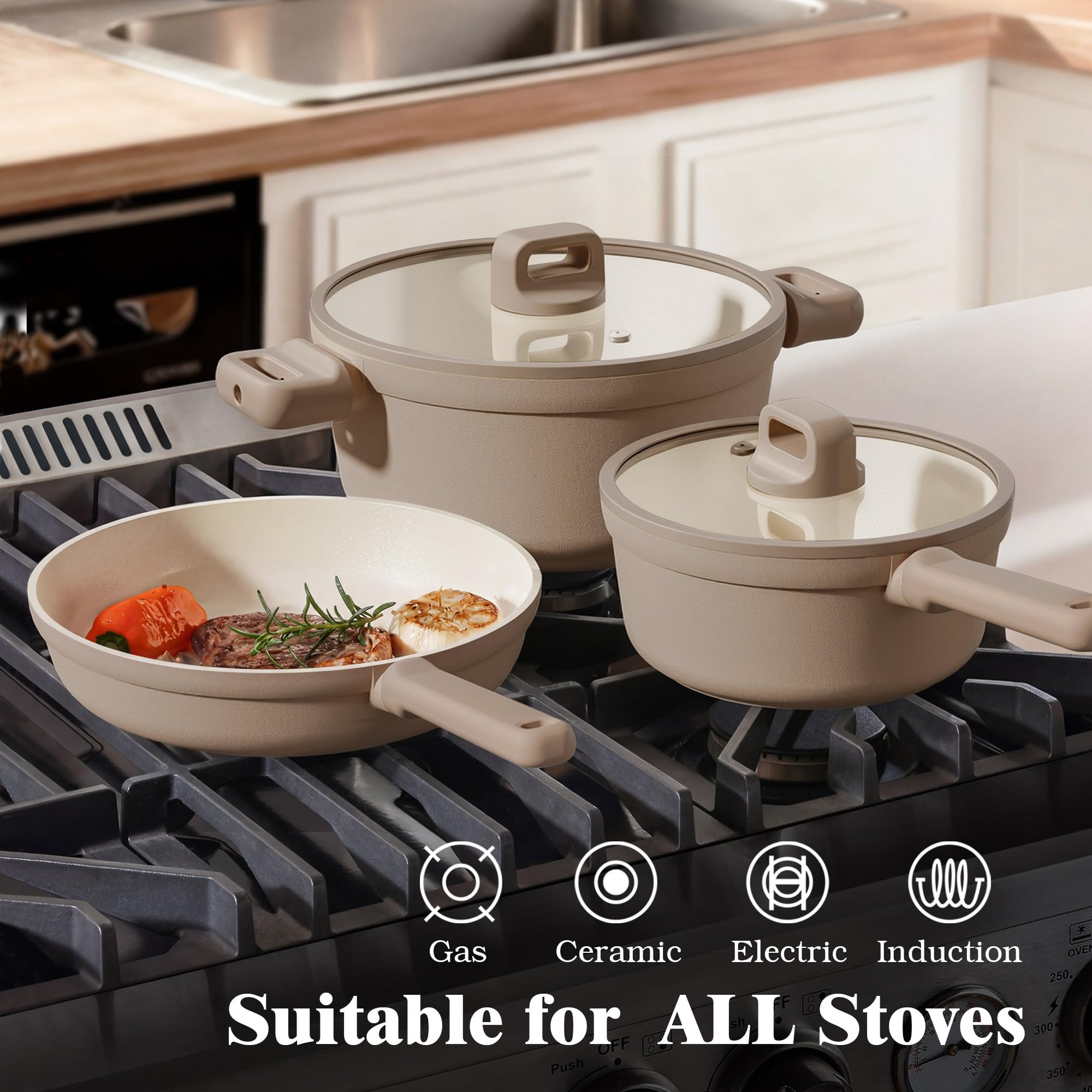 SENSARTE Ceramic Pots and Pans Set Nonstick, 20Pcs Cookware Set, Taupe