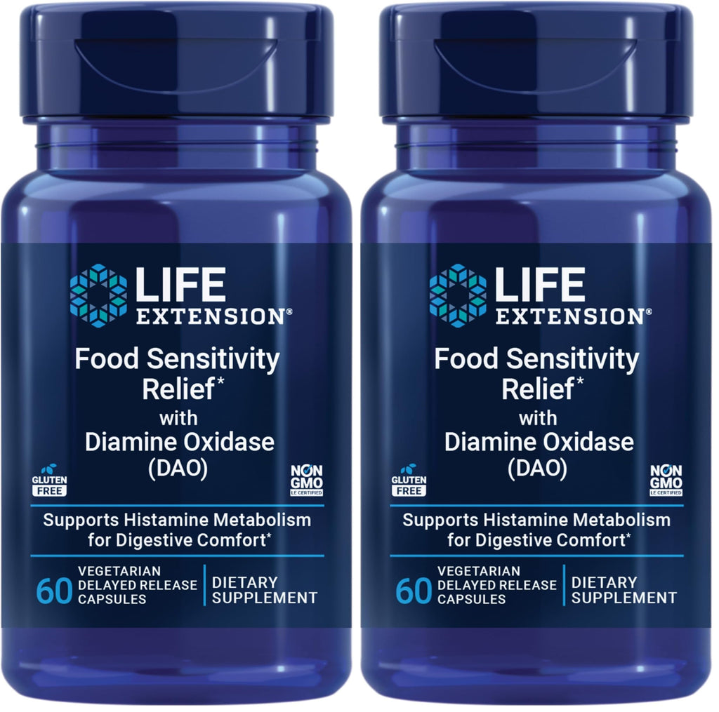 Life Extension Food Sensitivity Relief with Diamine Oxidase (DAO),Occasional Gas,Digestive Comfort,histamine Sensitivity,DAO Enzyme Supplement,Gluten Free,Non-GMO,Vegetarian,60 Capsules,(Pack of 2)