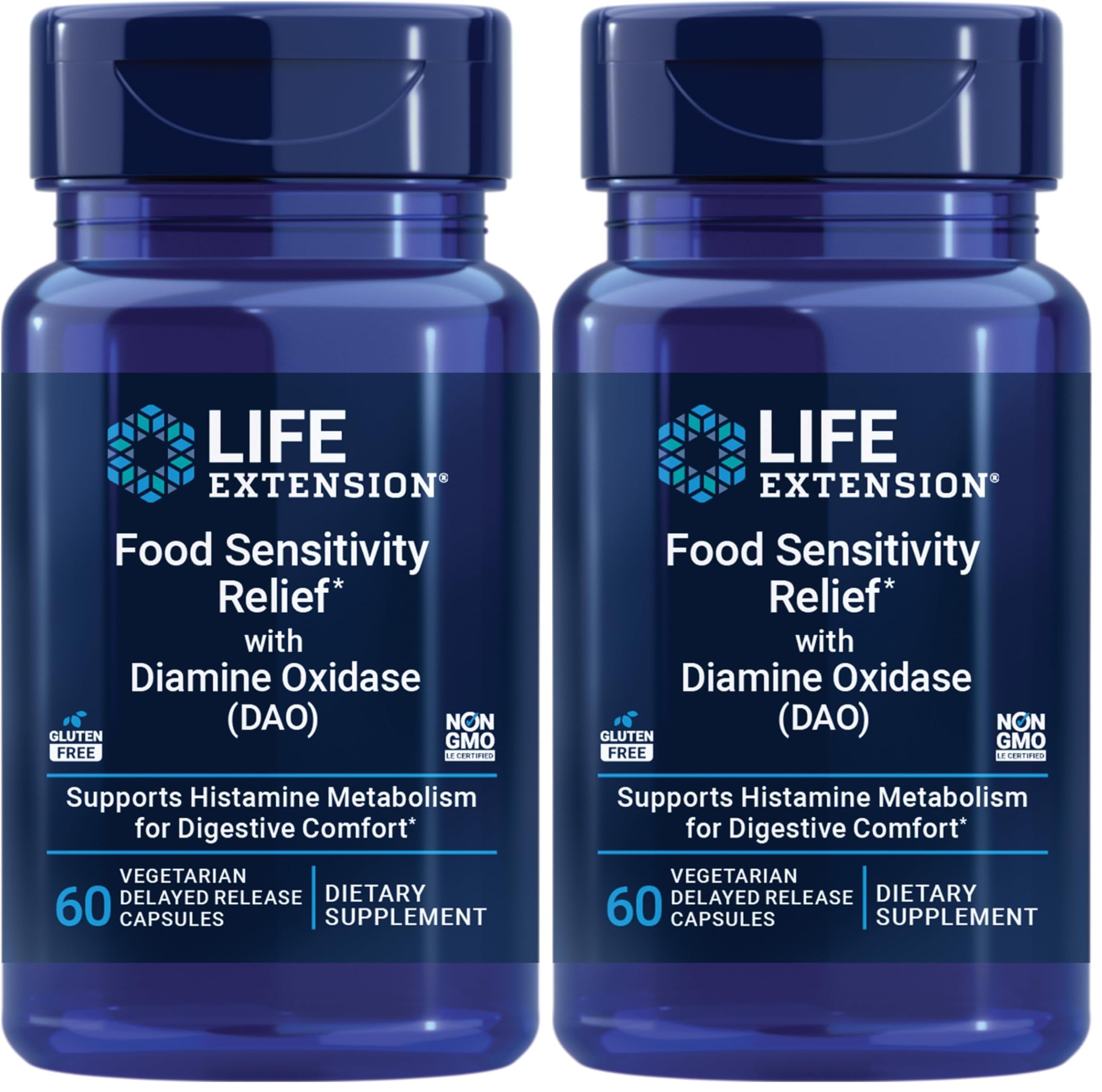 Life Extension Food Sensitivity Relief with Diamine Oxidase (DAO),Occasional Gas,Digestive Comfort,histamine Sensitivity,DAO Enzyme Supplement,Gluten Free,Non-GMO,Vegetarian,60 Capsules,(Pack of 2)