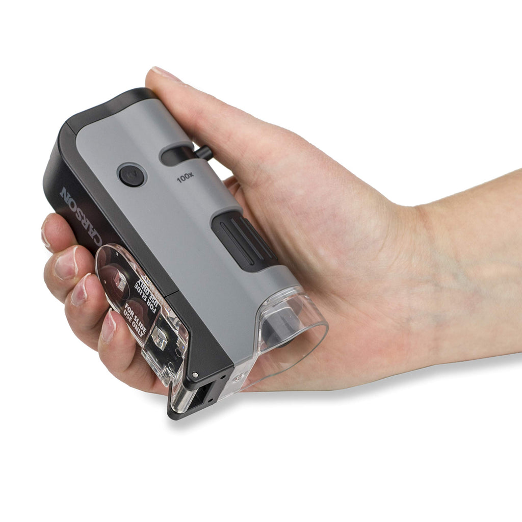 Carson MicroFlip 100x-250x LED and UV Lighted Pocket Microscope with Flip Down Slide Base and Adapter with CarsonCam Phone App - Bundle Included with 24 Prepared Insect and Animal Slides (MP-250BUN)