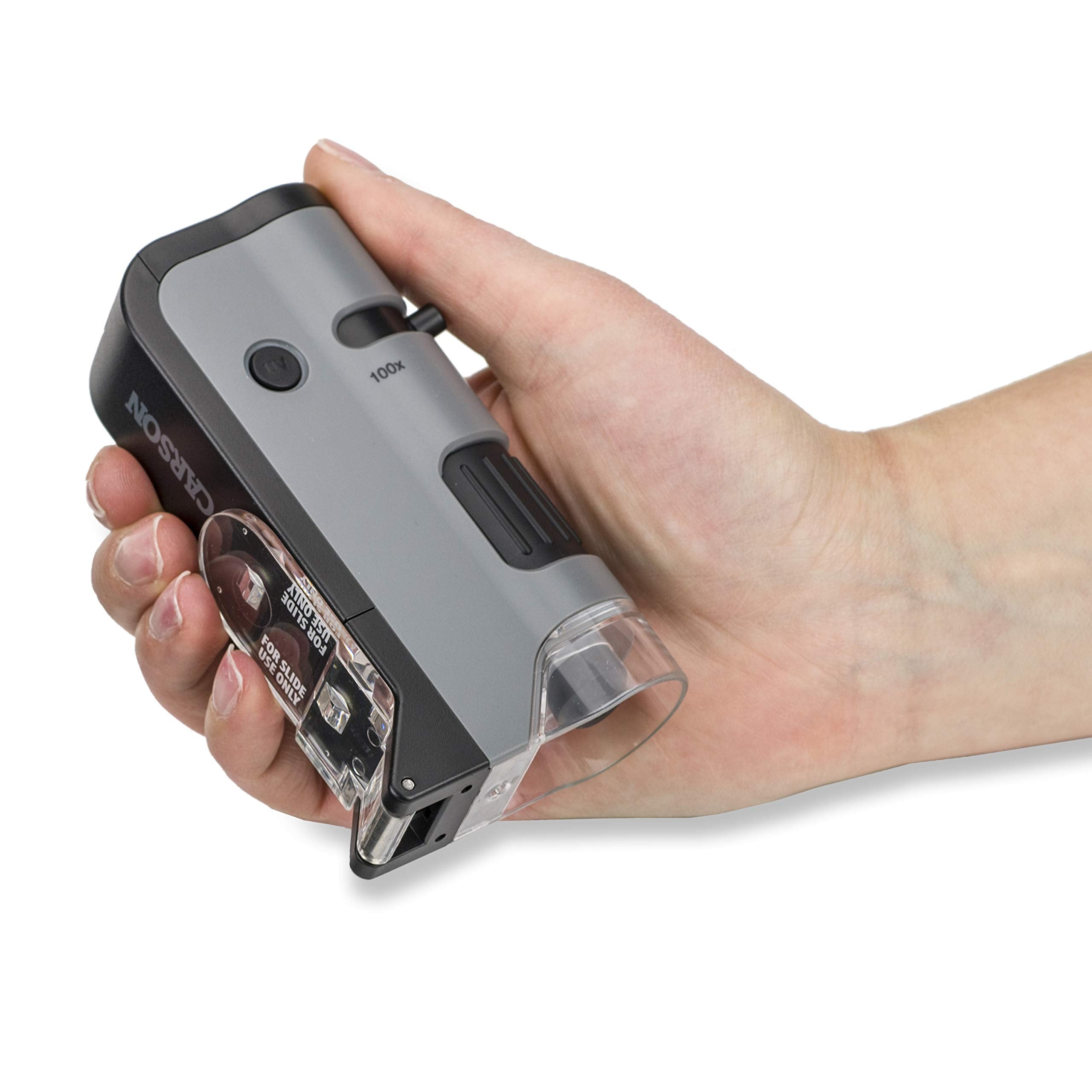 Carson MicroFlip 100x-250x LED and UV Lighted Pocket Microscope with Flip Down Slide Base and Adapter with CarsonCam Phone App - Bundle Included with 24 Prepared Insect and Animal Slides (MP-250BUN)