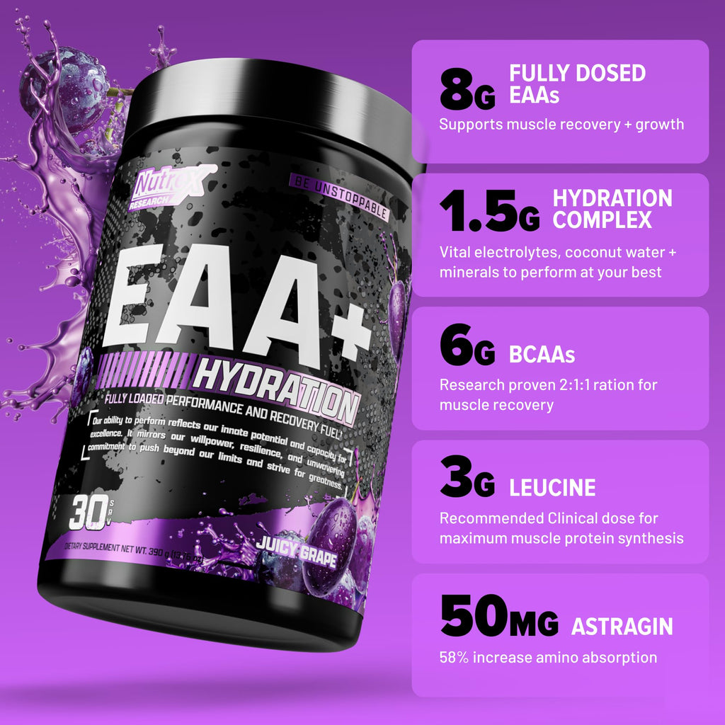 Nutrex Research EAA Hydration | EAAs + BCAA Powder | Muscle Recovery, Strength, Muscle Building, Endurance | 8G Essential Amino Acids + Electrolytes | (Packaging My Vary) 30 Servings (Juicy Grape)