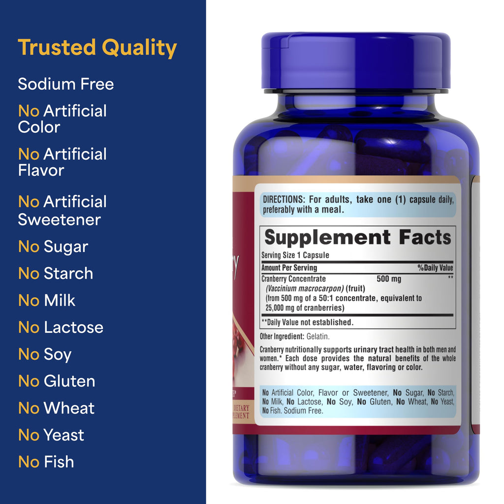 Puritan's Pride Naturally Sourced Cranberry One Per Day Fruit Concentrate 500mg, 50:1 Dietary Supplement for Urinary Tract Support, 4 Month Supply, 120 Rapid Release Capsules, 2 Pack