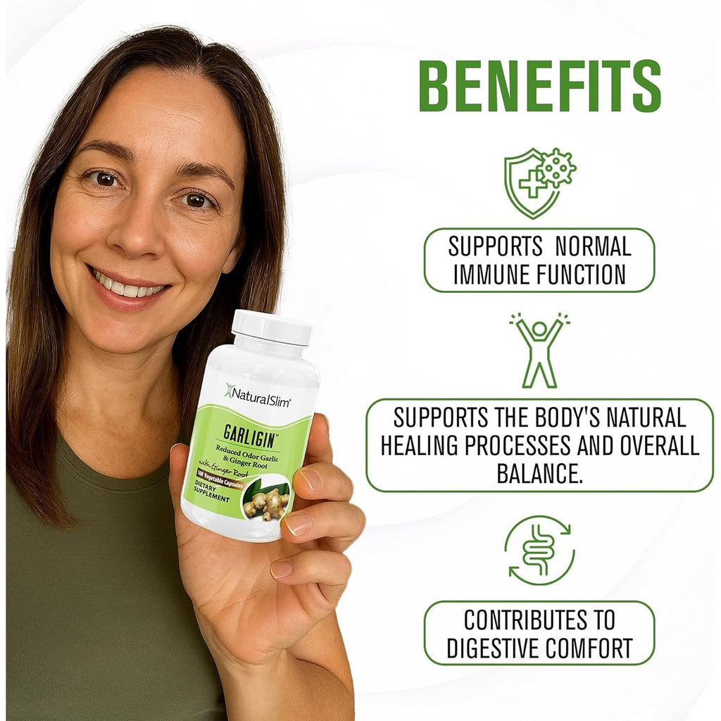 NaturalSlim Garligin Odorless Garlic Supplement with Ginger for Immune Support, Metabolism Booster, Supports Natural Body Balance & Improves Digestion - 100 Capsules