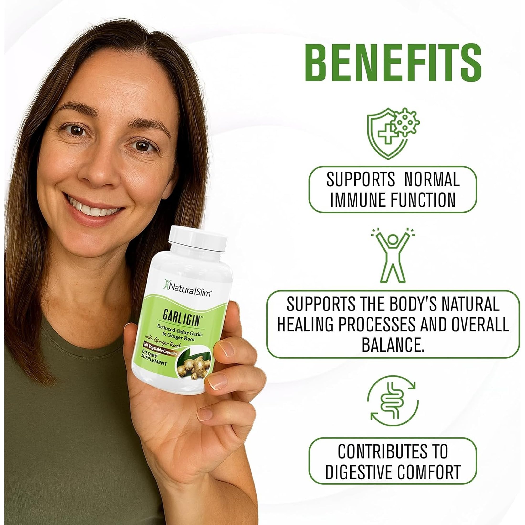 NaturalSlim Garligin Odorless Garlic Supplement with Ginger for Immune Support, Metabolism Booster, Supports Natural Body Balance & Improves Digestion - 100 Capsules