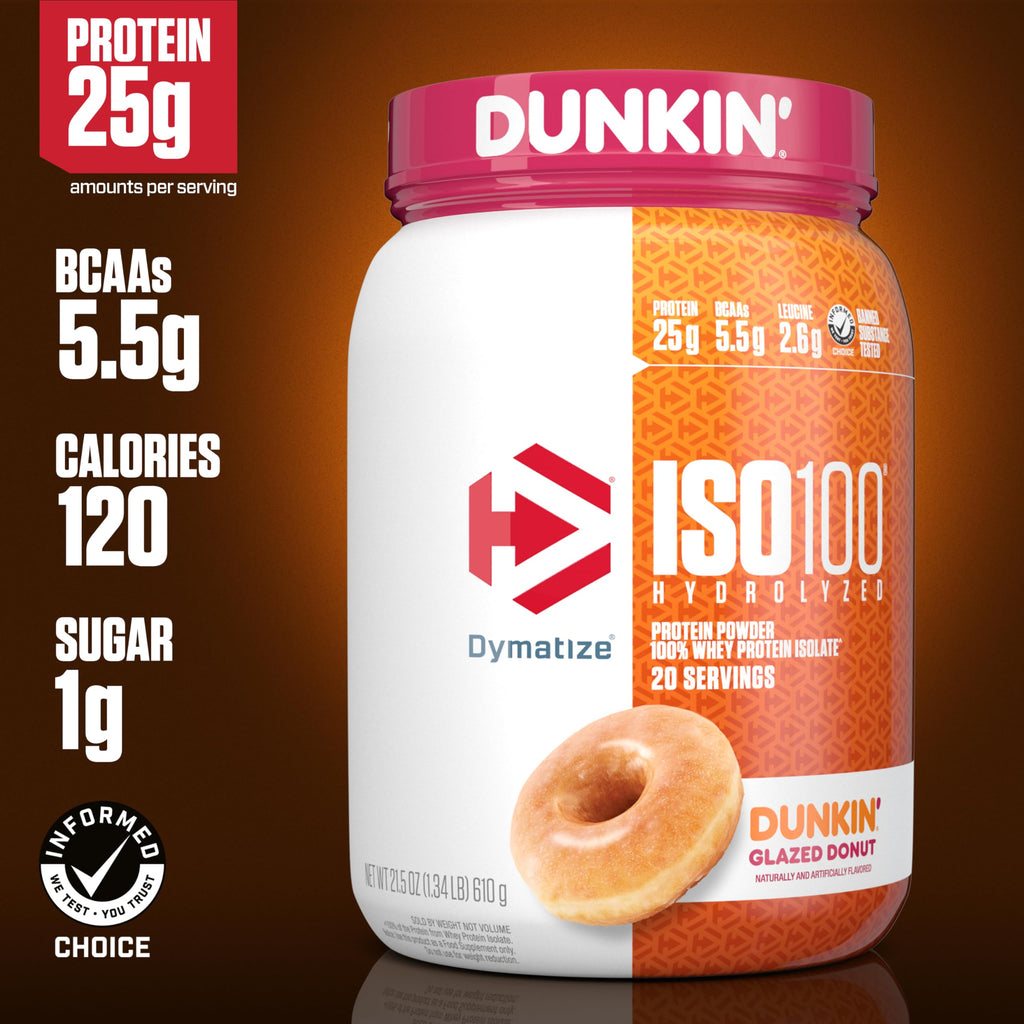 Dymatize ISO100 Hydrolyzed Protein Powder, 100% Whey Isolate, Dunkin' Glazed Donut Flavor, 20 Servings & ISO100 Hydrolyzed Protein Powder, 100% Whey Isolate Protein, 25g of Protein, 5.5g BCAAs