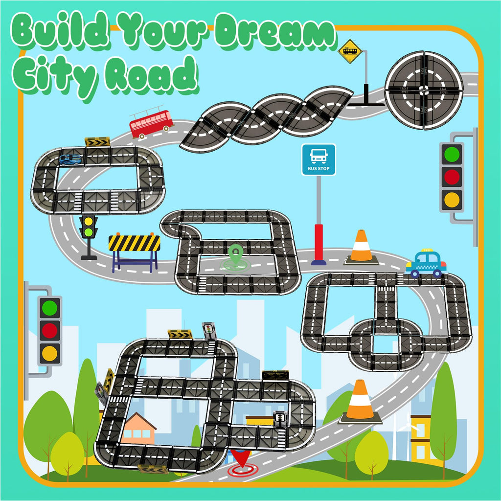 Magnetic Tiles Road Set with Pullback Car for Kids Ages 4-8 Boys Stem Toys