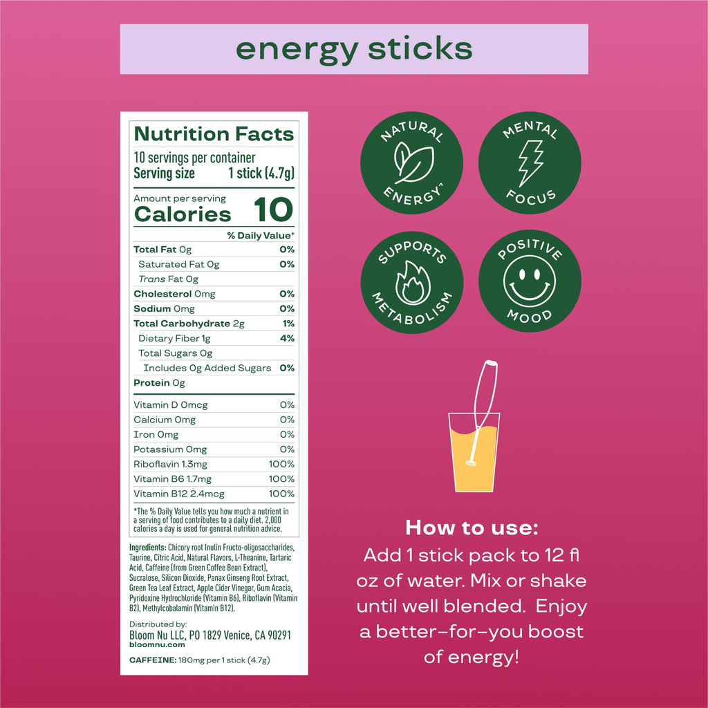 Bloom Nutrition Energy Drink Powder Packets, Sugar Free Energy Drink Mix with L-Theanine, B Vitamins & Natural Caffeine, On the Go Powder Sticks for Natural Energy, 10 Calories (10 Pouches (Pack of 1), Cherry Lime)