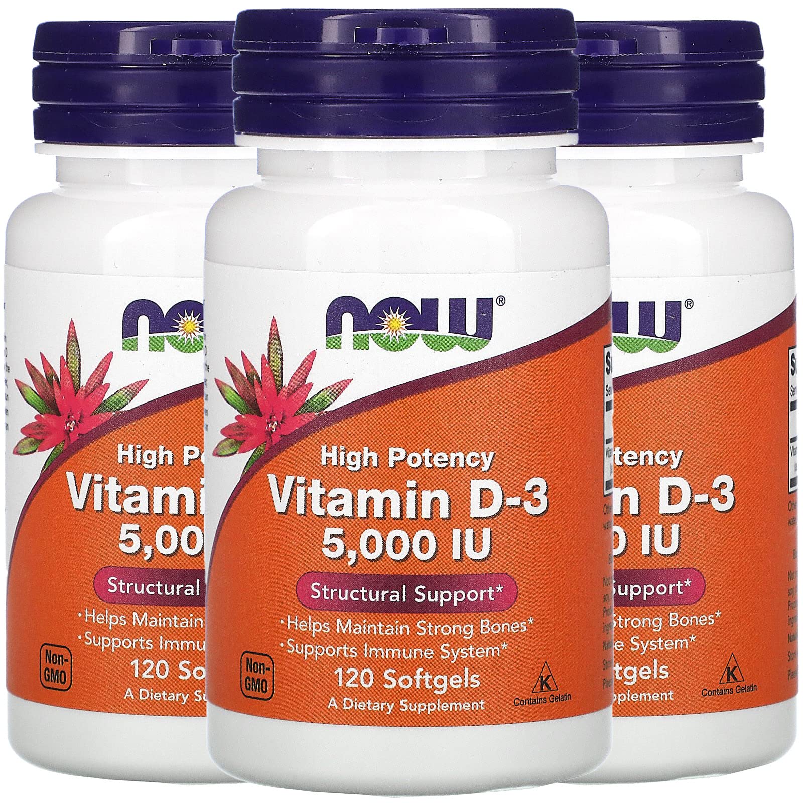 NOW Foods Now Supplements, Vitamin D-3 5,000 IU, High Potency, Structural Support*, 120 Softgels (3 Pack)