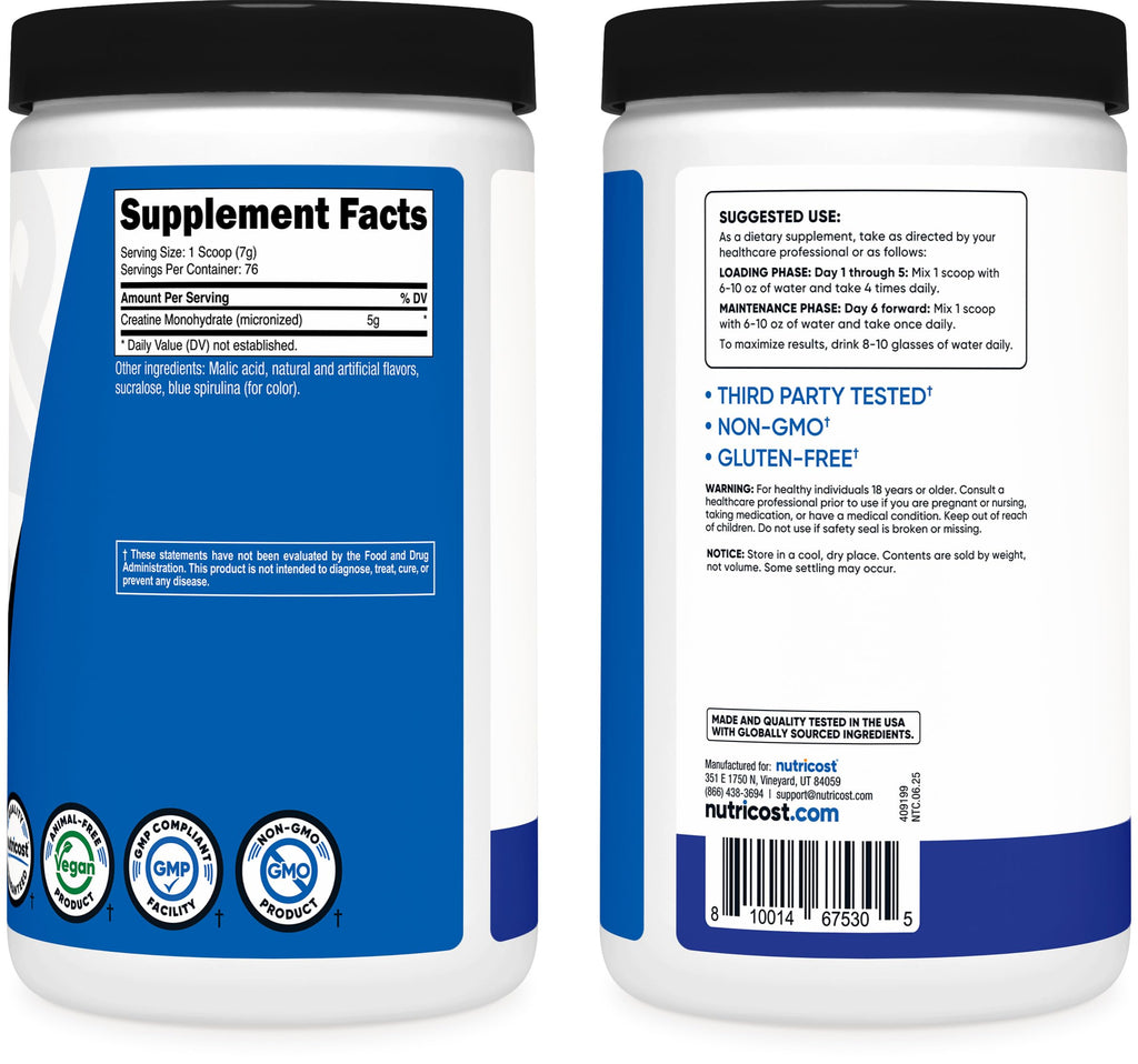 Nutricost Creatine Monohydrate Powder (Blue Raspberry), 500 Grams (1.1 LBS) (Pack of 2)