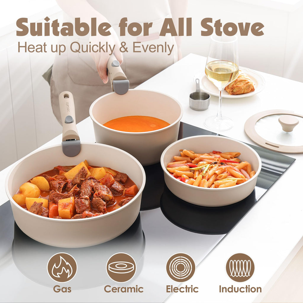 SENSARTE 17 Piece Ceramic Detachable Handle Pots and Pans Set Almond Beige