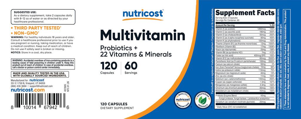 Nutricost Multivitamin with Probiotics 120 Vegetarian Capsules - Packed with Vitamins & Minerals