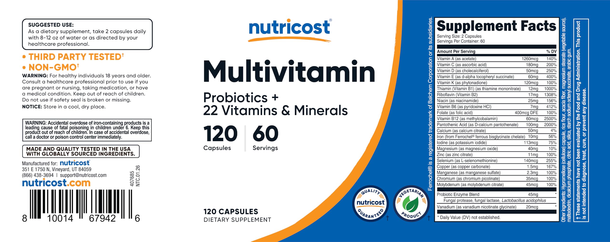 Nutricost Multivitamin with Probiotics 120 Vegetarian Capsules - Packed with Vitamins & Minerals