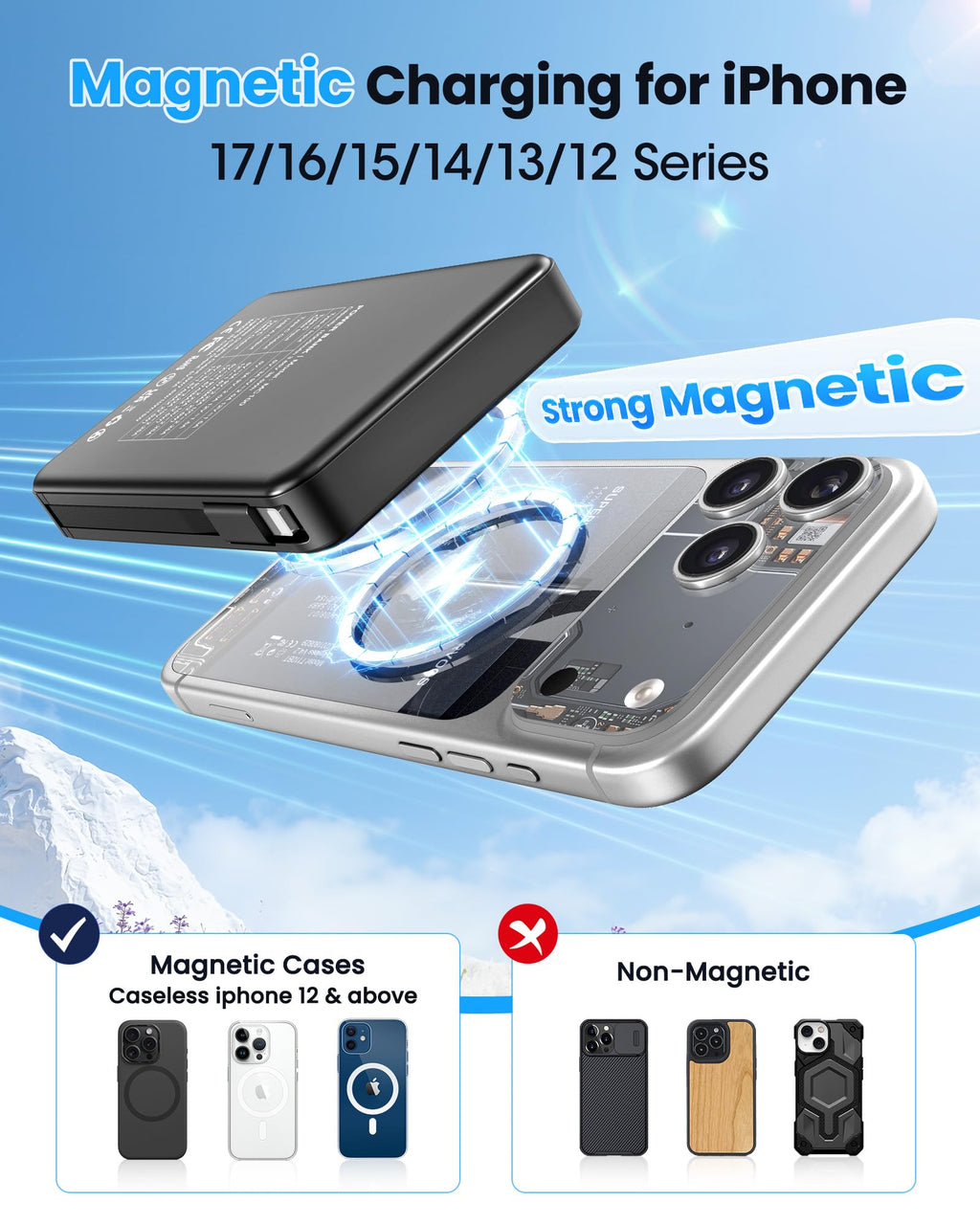 Magnetic Portable Charger, Power Bank Fast Charging 22.5W 10000mAh, Portable Charger with Built in Cable, for Magsafe Battery Pack Compatible with iPhone 17/16/15/14/13/12 Pro/Pro Max, Samsung Black