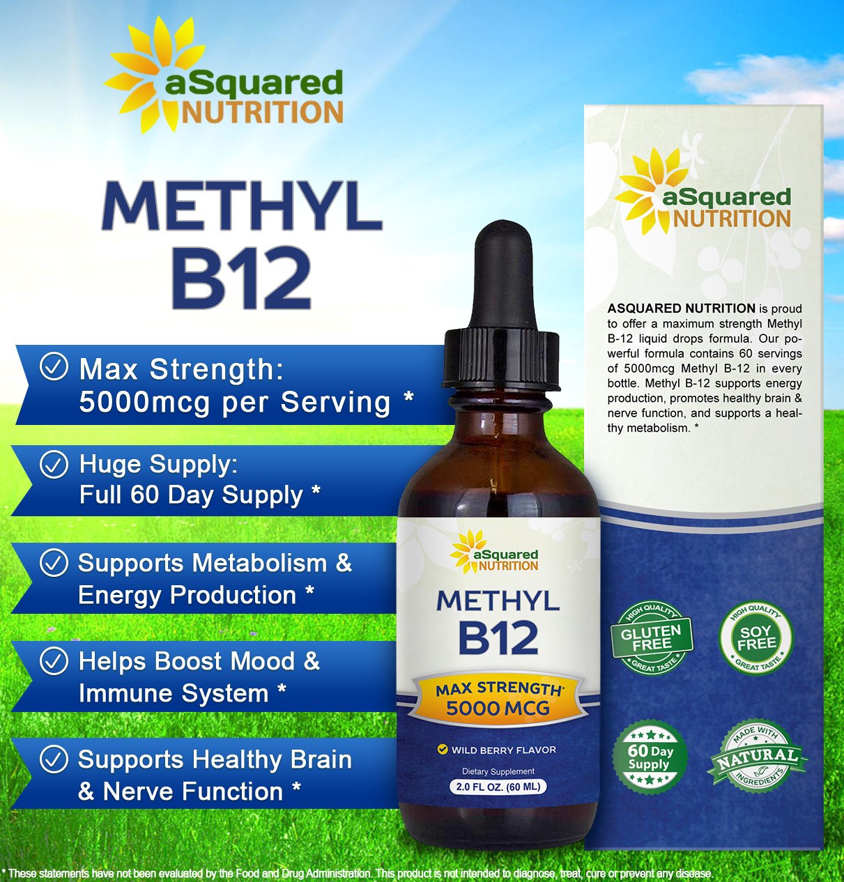 aSquared Nutrition Vitamin B12 Sublingual Liquid Drops - 5000 MCG Supplement with Methylcobalamin (Methyl B-12) - Max Absorption B 12 to Increase Energy - Vegan Friendly - 2 fl oz