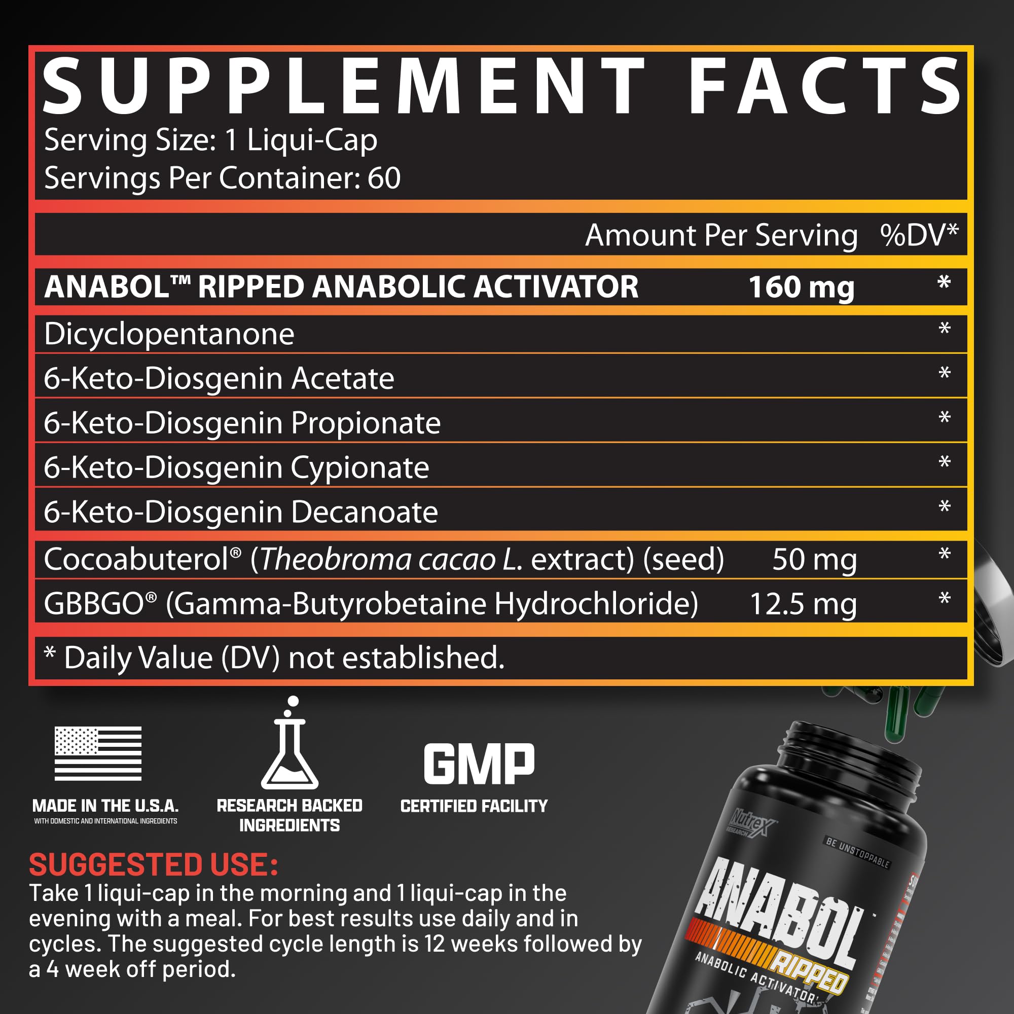 Nutrex Research Anabol Ripped Anabolic 2 in 1 Muscle Builder for Men Muscle Growth Supplements Shredding Formula Recovery Thermogenic Support Lean Physique 60 Count