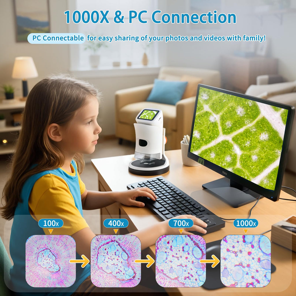 Microscope for Kids,1000X Magnification.Digital Microscope with 1080p 2" HD Screen,Photo & Video Recording,USB Rechargeable.Microscope for Kids 8-12
