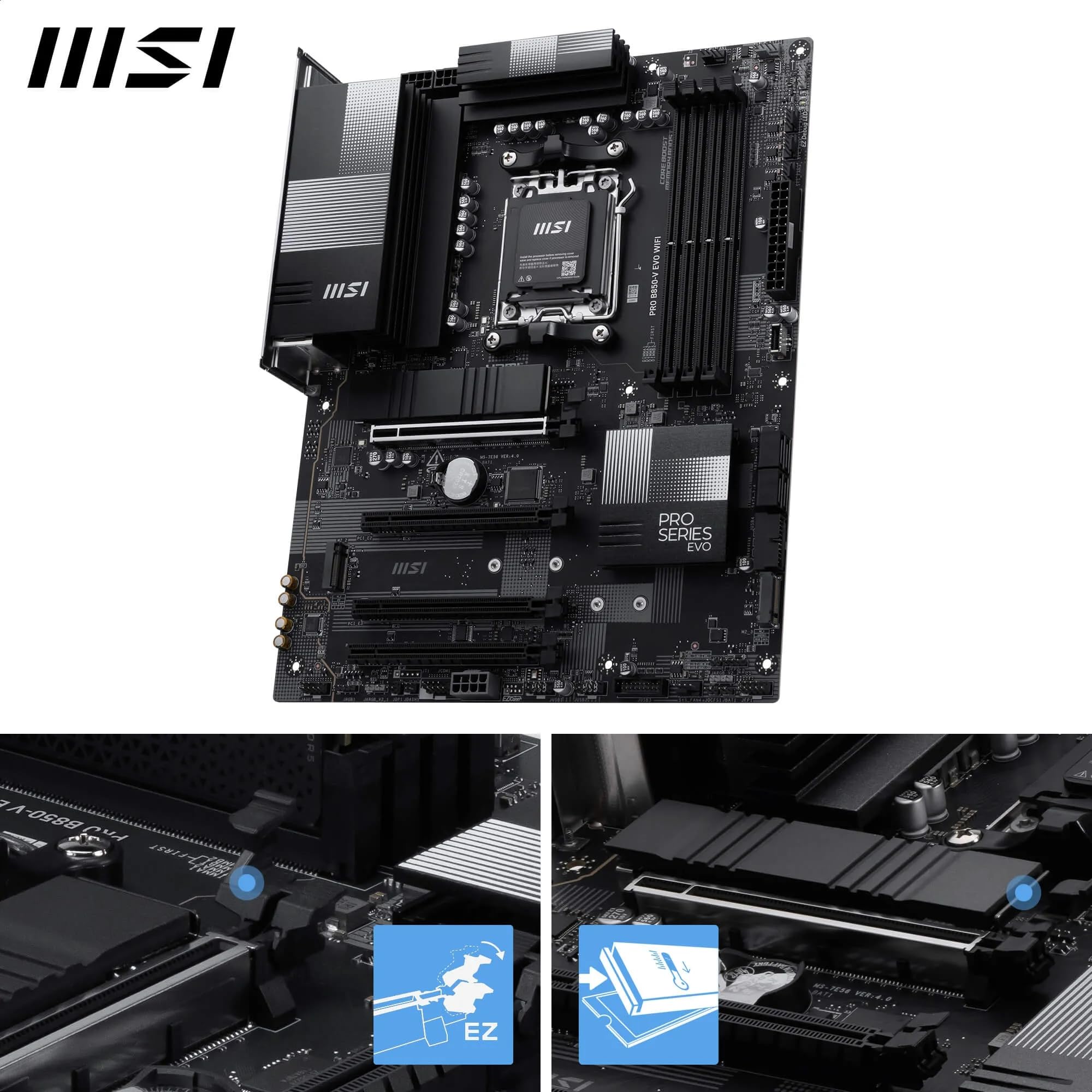 MSI PRO B850-V EVO WiFi Motherboard, ATX - Supports AMD Ryzen 9000/8000 / 7000 Processors, AM5 - DDR5 Memory Boost (up to 8200+ MT/s OC), PCIe 5.0 x16, M.2 Gen5, Wi-Fi 7, 5G LAN