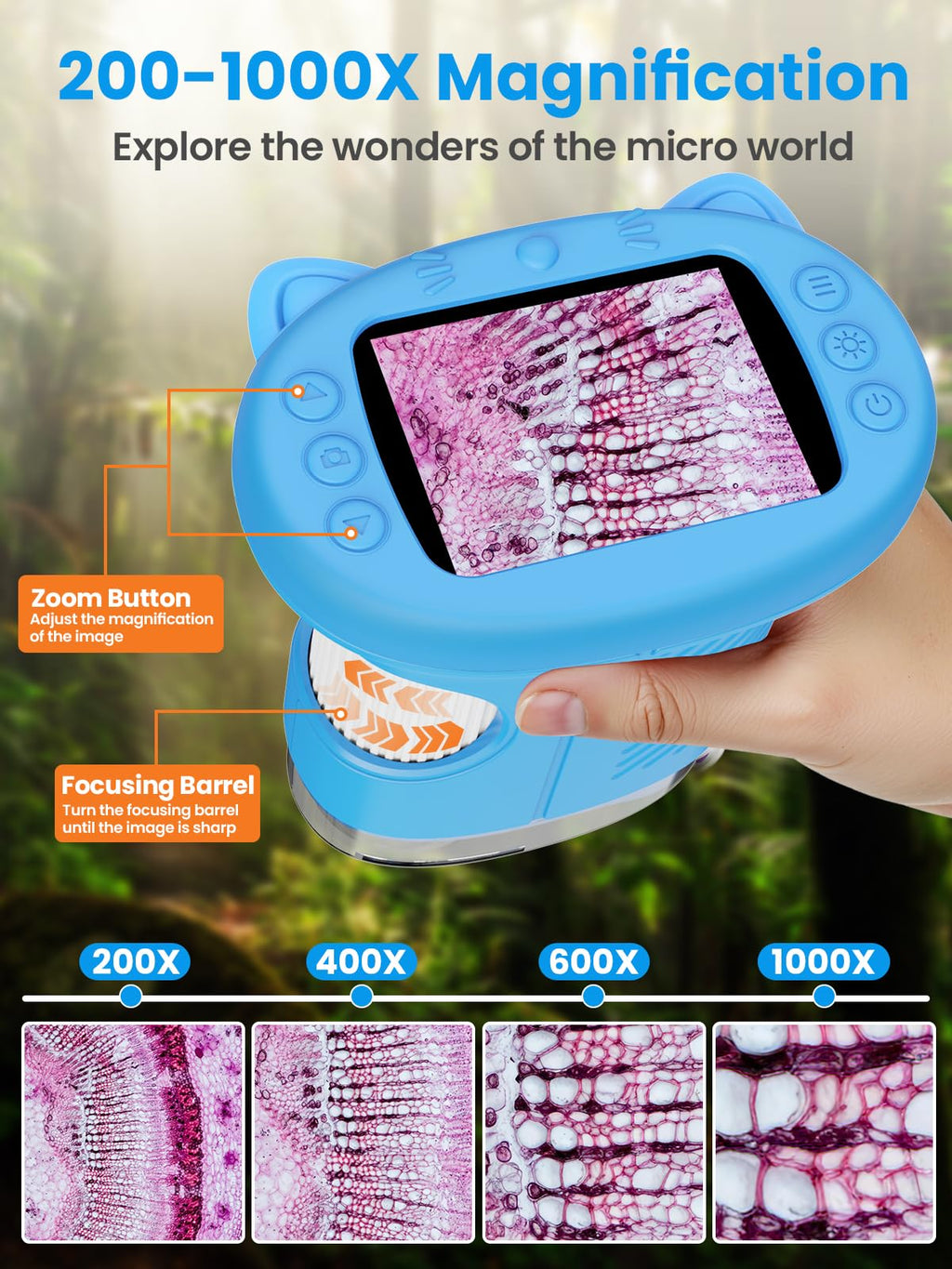 Vorth Microscope for Kids, 2.4 Inch Digital Microscope with 1000X Magnification, Handheld Camera Mini Pocket Magnifying Glass, Educational Birthday Gifts Toys for Ages 3+, Blue