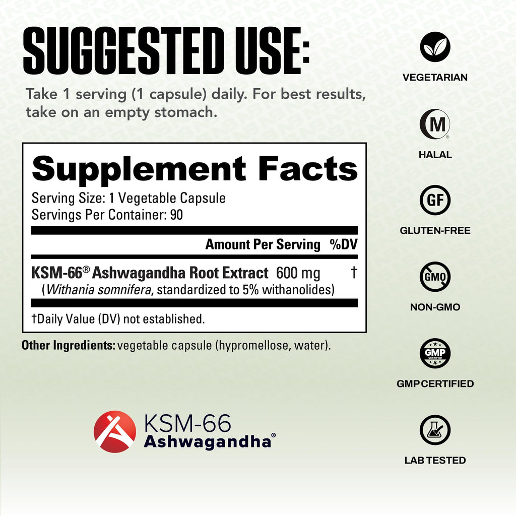 NutraBio Ashwagandha KSM-66 | Ashwaganda Herbal Supplement for Stress, Mood, & Performance | 600 MG of Clinically Studied KSM66 90 Capsules