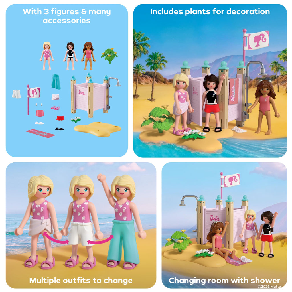 Playmobil | Barbie x Barbie Beach Dress Up | Changing Room & Shower with Barbie, Teresa & Renee | Encourages Role Play & Creativity | for Children Aged 4+ | 72124