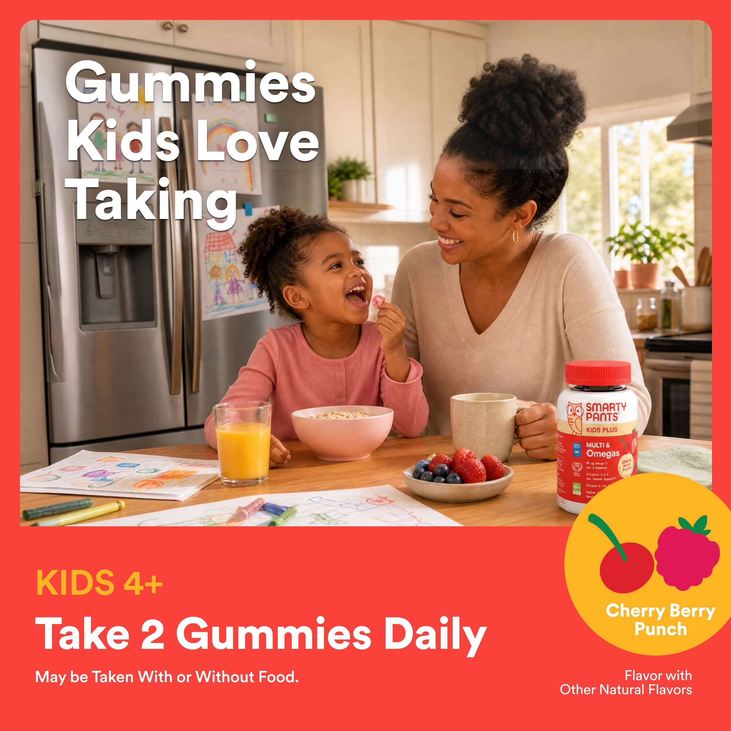 SmartyPants Kids Multivitamin Gummies with Omega 3 DHA/EPA, Vitamins D3, C, B12, B6, A, K, and Zinc, Gluten Free, Clean Label, Cherry Berry Flavor, 60 Gummies (30 Day Supply)