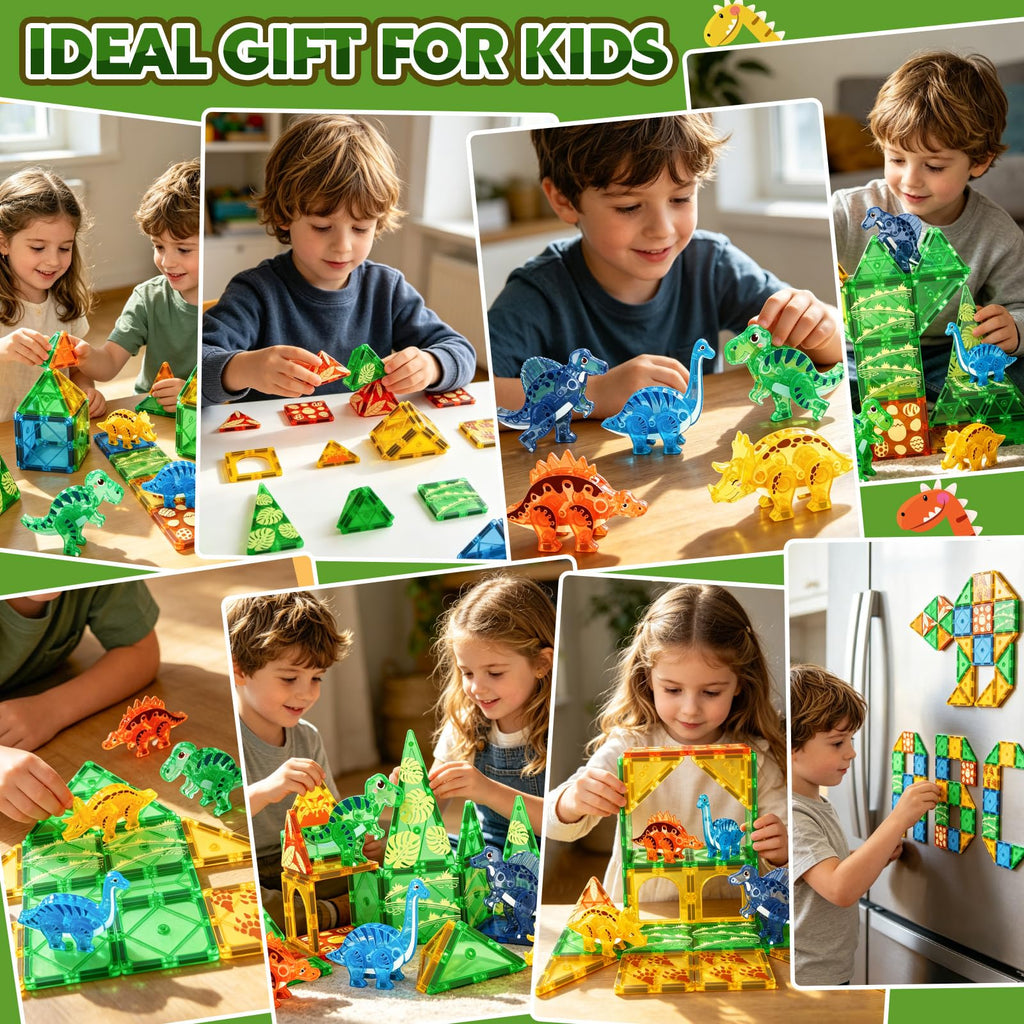 Dinosaur Toys Magnetic Tiles 3D Movable Dinos for Kids 3-5 5-7 Toddler Toy
