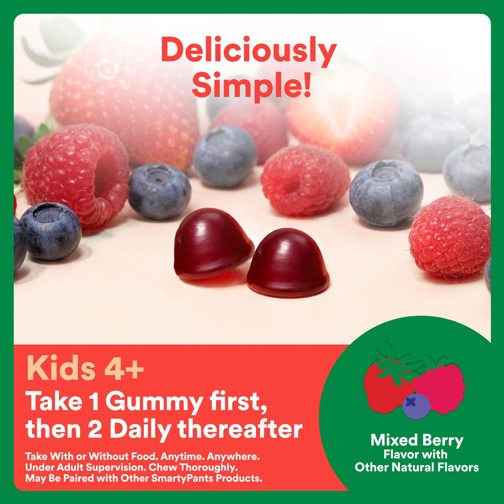 SmartyPants Kids Fiber & Veggies: Prebiotic Fiber Gummies for Kids, Fiber Supplement with Inulin, Organic Green Veggie Blend, Vegan, Gluten Free, Mixed Berry Flavor, 60 Count (30 Day Supply)