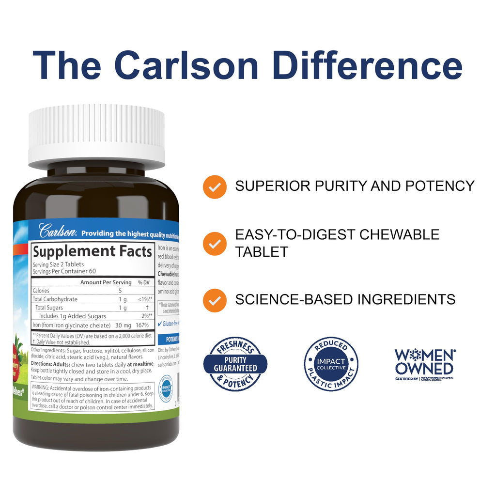 Carlson Chewable Iron, 30 mg, Superior Absorption, 120 Chewable Tablets