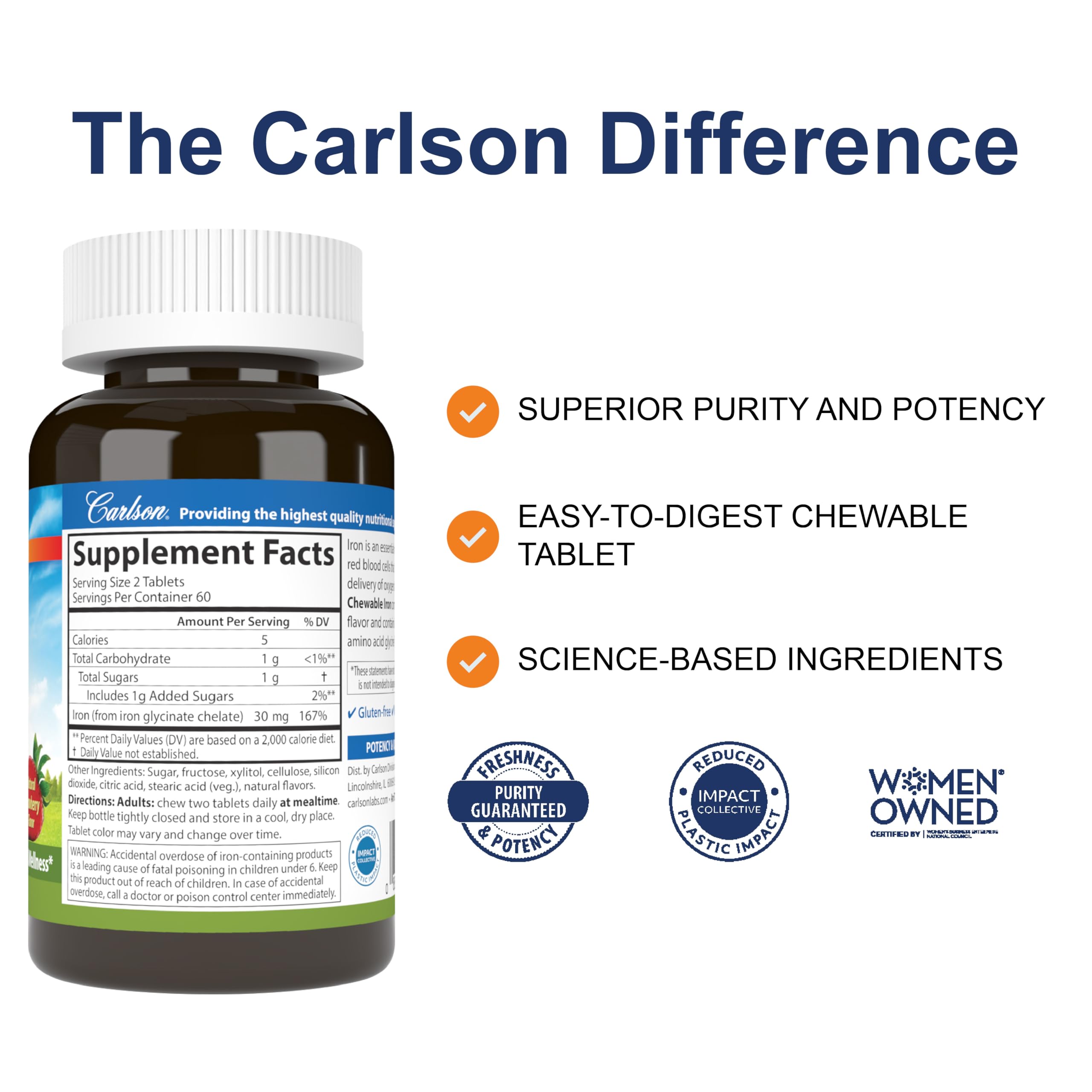 Carlson Chewable Iron, 30 mg, Superior Absorption, 120 Chewable Tablets