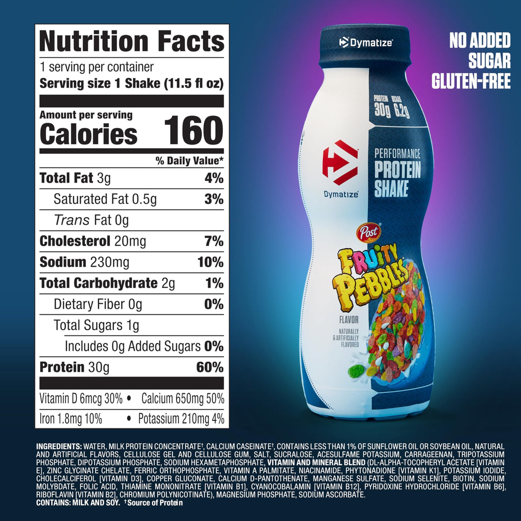 Dymatize Performance Protein Shake, Fruity Pebbles, 30g Protein, 6.2g BCAA for Muscle Recovery, No Added Sugar, Low Fat, 24 Vitamins and Minerals, Gluten-Free, Ready to Drink, 11.5fl oz (Pack of 24)
