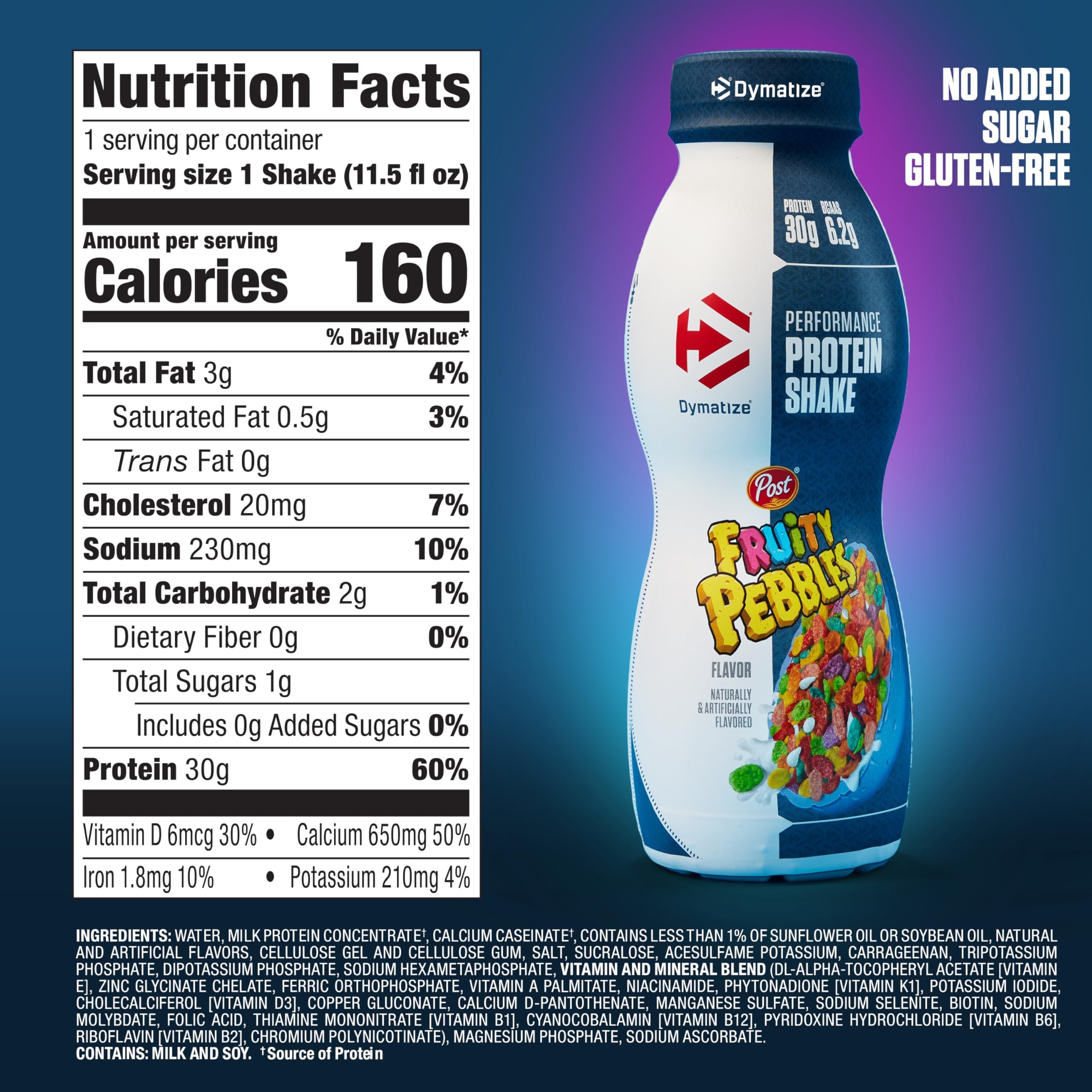 Dymatize Performance Protein Shake, Fruity Pebbles, 30g Protein, 6.2g BCAA for Muscle Recovery, No Added Sugar, Low Fat, 24 Vitamins and Minerals, Gluten-Free, Ready to Drink, 11.5fl oz (Pack of 24)