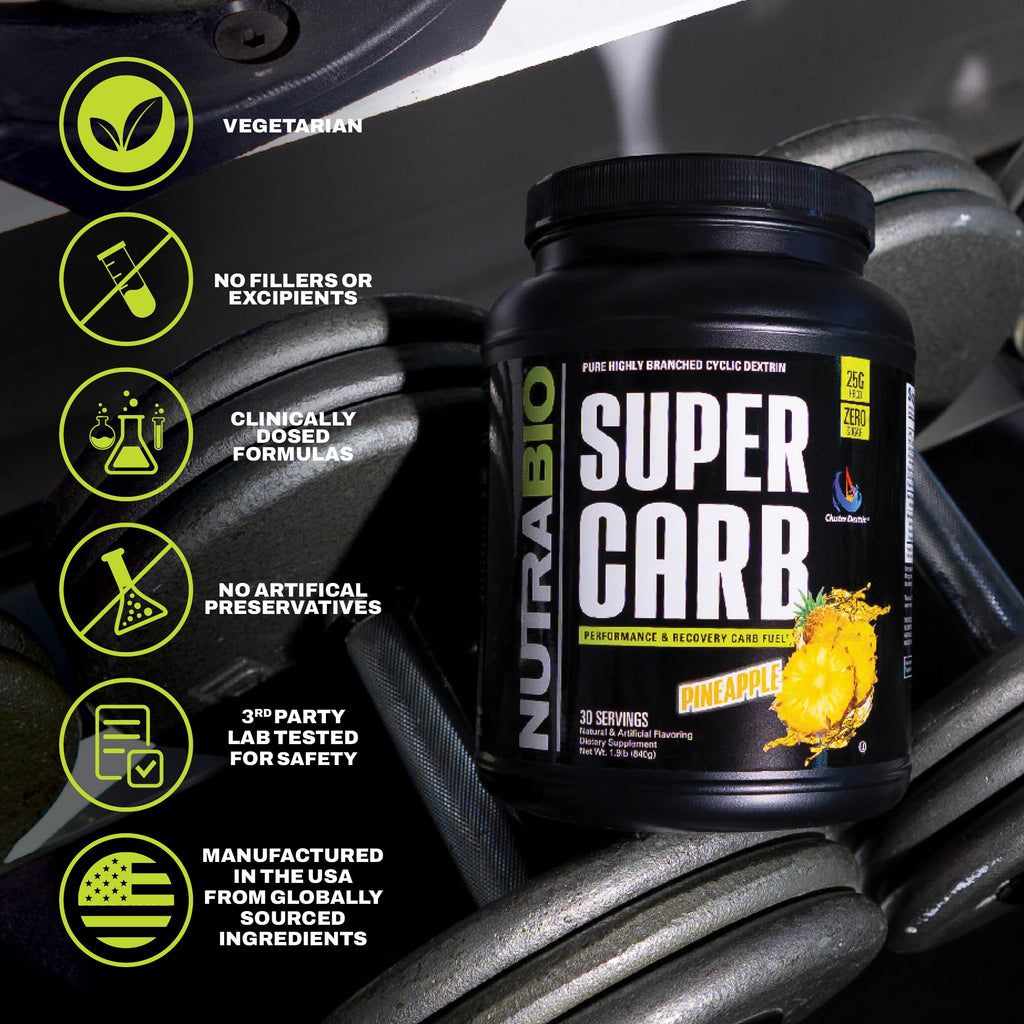 NutraBio Super Carb, Carbohydrate Powder with Cluster Dextrin & Electrolytes, Advanced Carb Supplement Powder for Workout Fuel, Performance, and Muscle Recovery, Cyclic Dextrin, Pineapple, 30 Sv