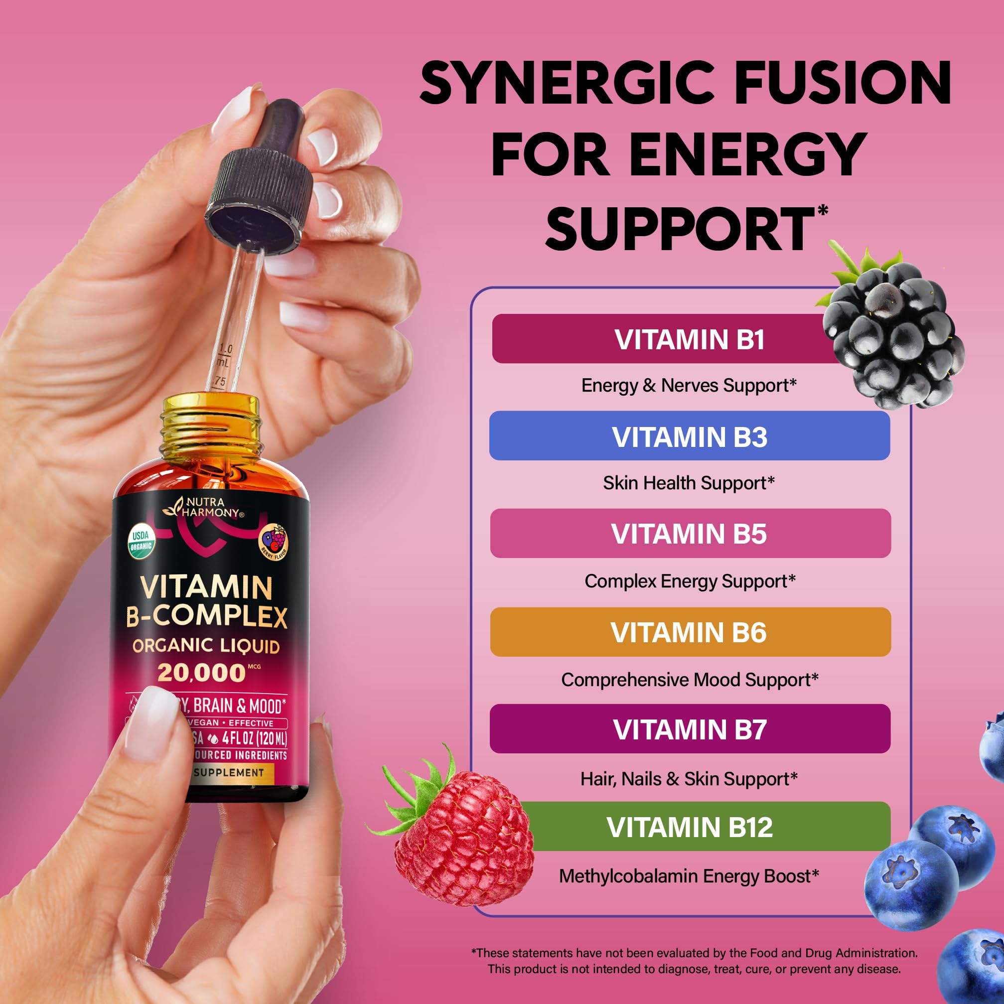 USDA Organic Vitamin B-Complex B5 Pantothenic Acid | B12 Methylcobalamin | B1 Thiamine | B6 Pyridoxine | B7 Biotin | B9 Folic | B3 Niacinamide - B Complex Liquid Drops, Natural Berry Flavor, 4fl oz