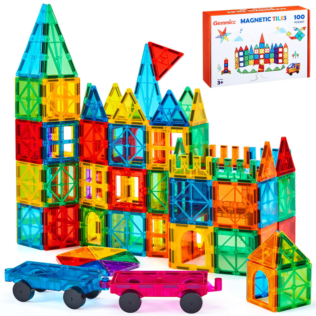 Gemmicc 100 PCS Magnetic Tiles with 2 Cars, STEM Approved Educational Magnet BuildingToys, Magnet Puzzles Stacking Blocks for Boys Girls
