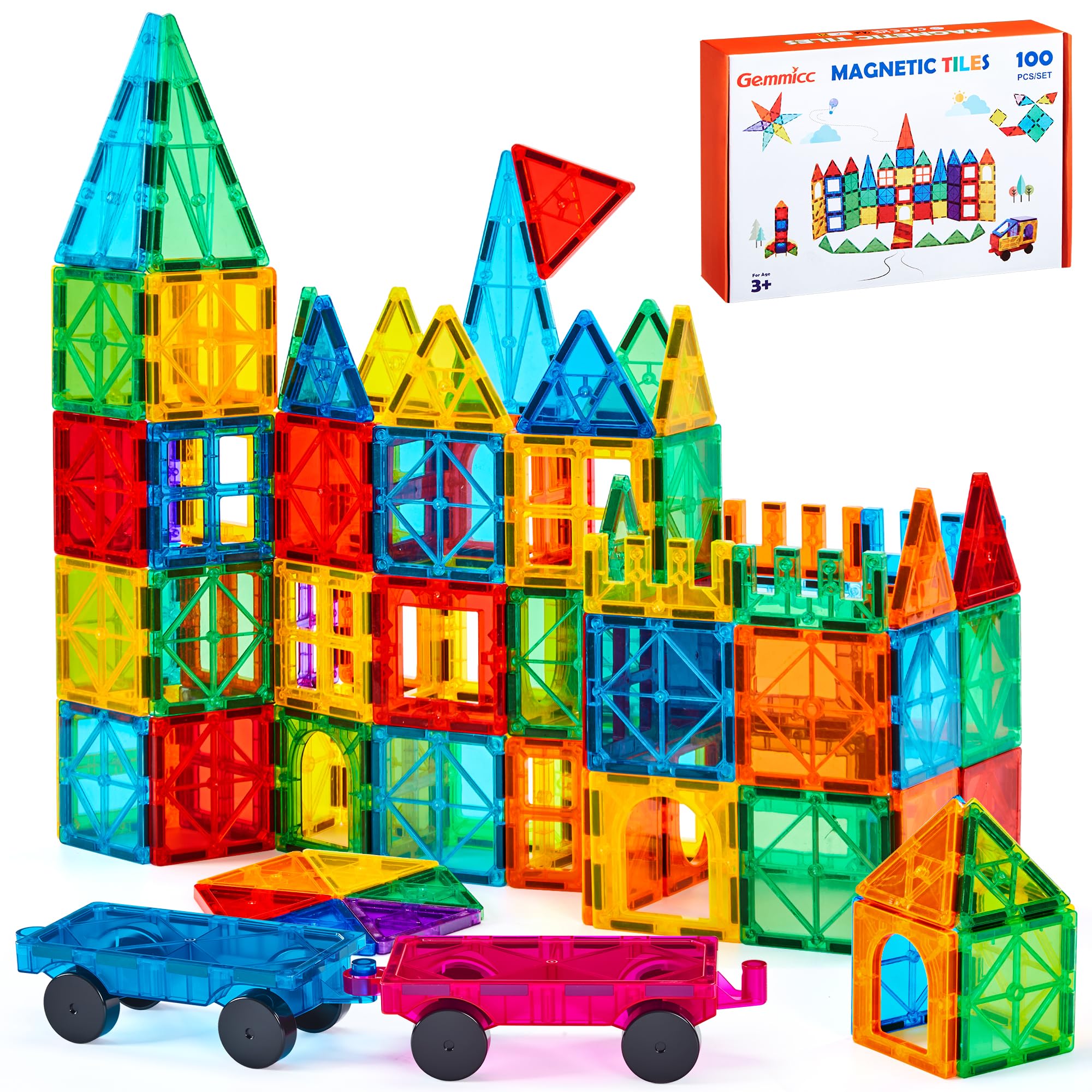 Gemmicc 100 PCS Magnetic Tiles with 2 Cars, STEM Approved Educational Magnet BuildingToys, Magnet Puzzles Stacking Blocks for Boys Girls