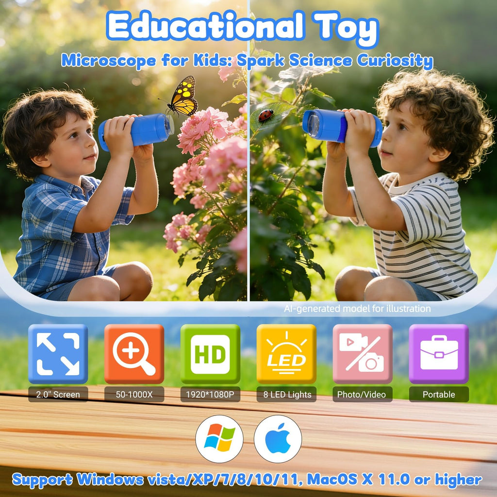 Pozifu 1000X Handheld Microscope for Kids: Pocket Digital Microscope with 2.0''IPS Screen&Photo/Video - Portable Edu Science Kits for Girls Boys - STEM Toys Birthday Gifts Ages 3-6 6-12(Blue)