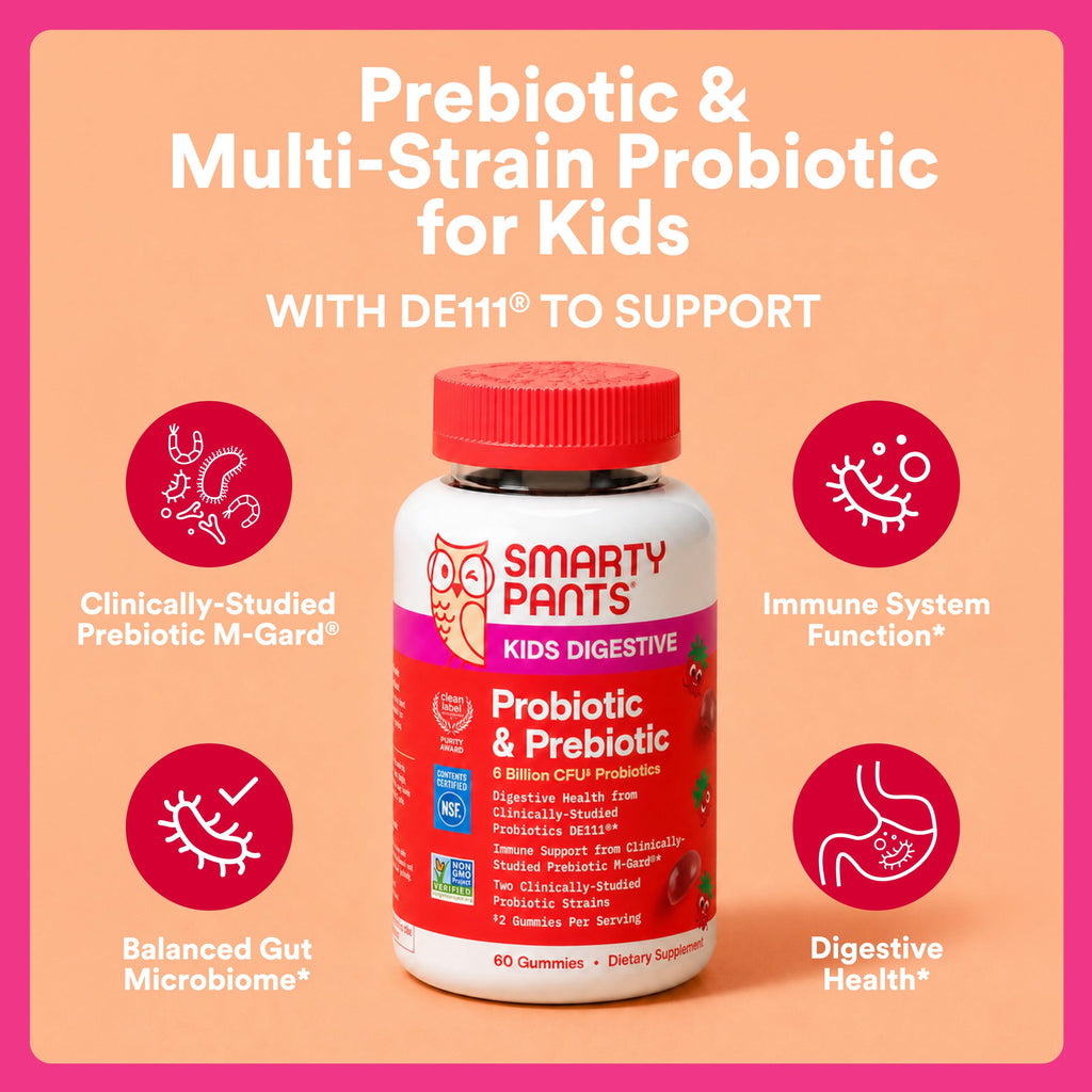 SmartyPants Kids Probiotic & Prebiotic Gummies for Digestive Health: Gut Health Supplement, Clinically Studied Prebiotic for Immune Support, Strawberry, 60 Count (30 Day Supply)
