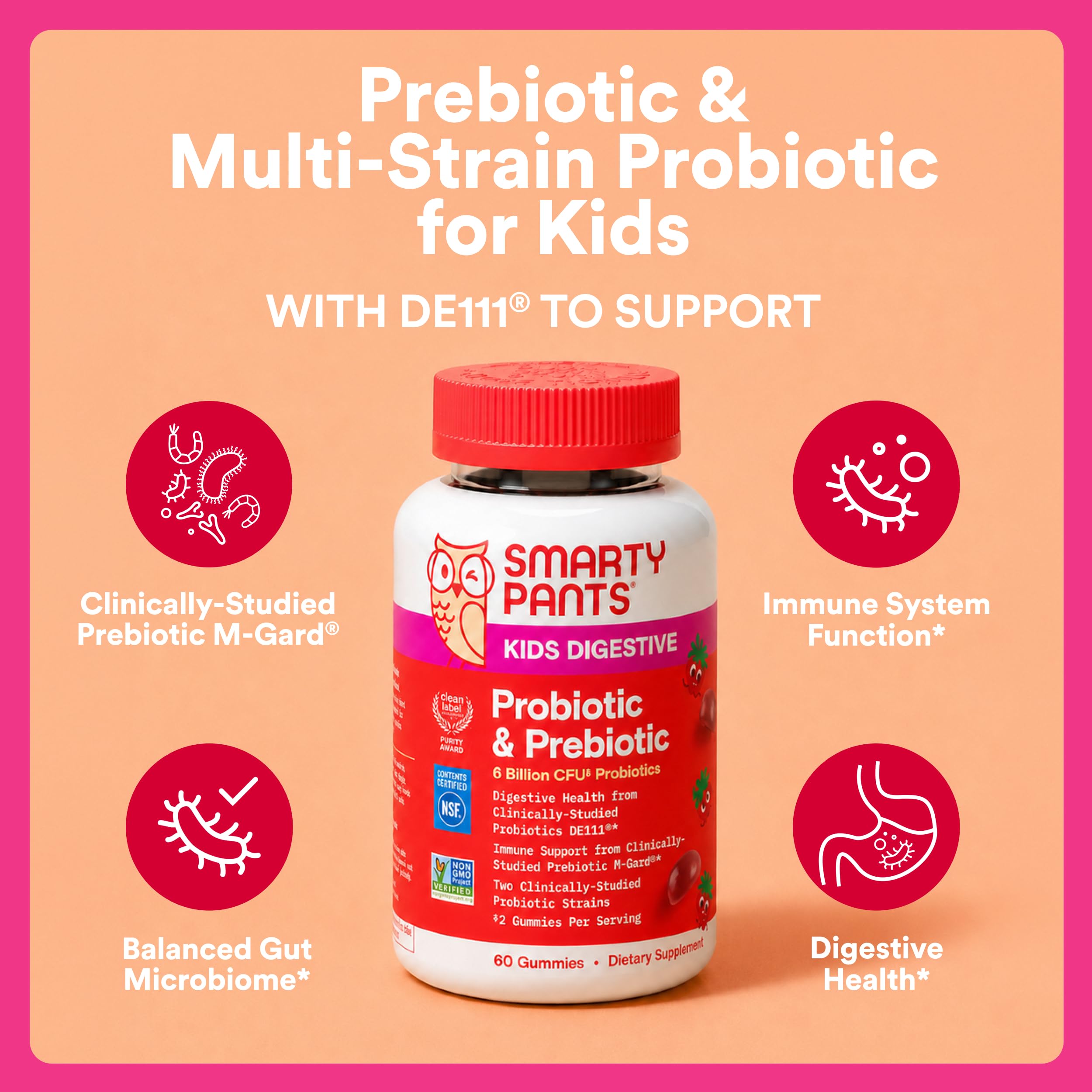 SmartyPants Kids Probiotic & Prebiotic Gummies for Digestive Health: Gut Health Supplement, Clinically Studied Prebiotic for Immune Support, Strawberry, 60 Count (30 Day Supply)