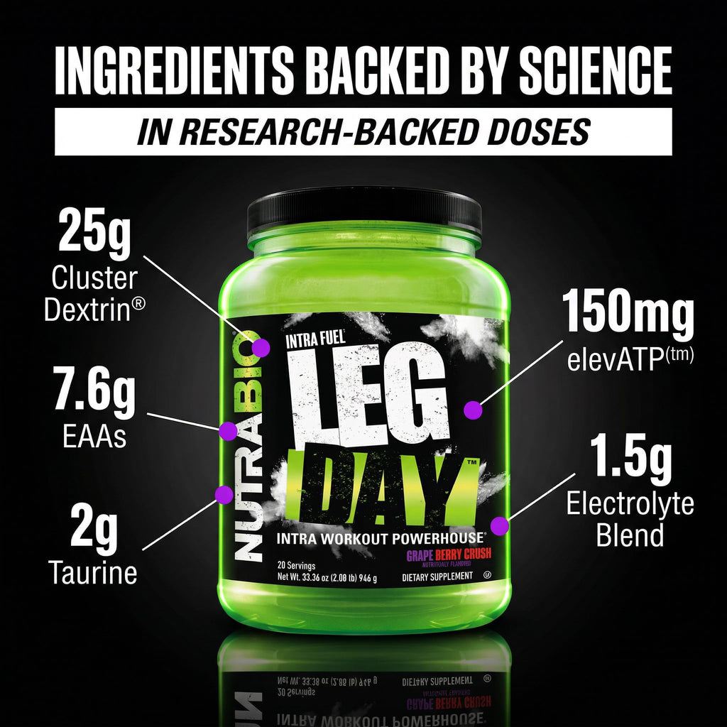 NutraBio Leg Day Intra Workout Powder – Advanced Carb Supplement with Cluster Dextrin & Electrolytes – Carb Powder with EAAs/BCAAs – Cyclic Dextrin for Performance – Grape Berry, 20 Servings