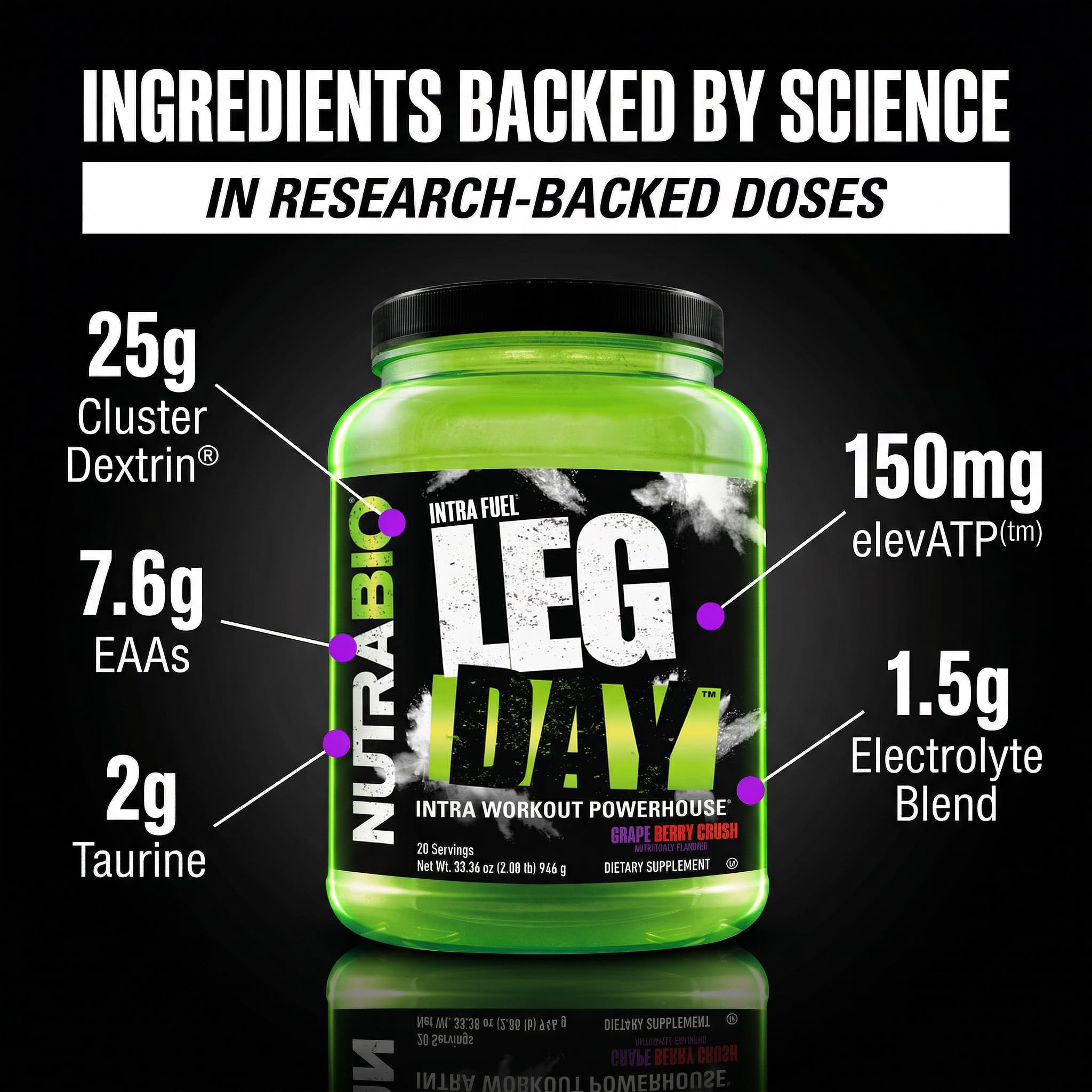 NutraBio Leg Day Intra Workout Powder – Advanced Carb Supplement with Cluster Dextrin & Electrolytes – Carb Powder with EAAs/BCAAs – Cyclic Dextrin for Performance – Grape Berry, 20 Servings