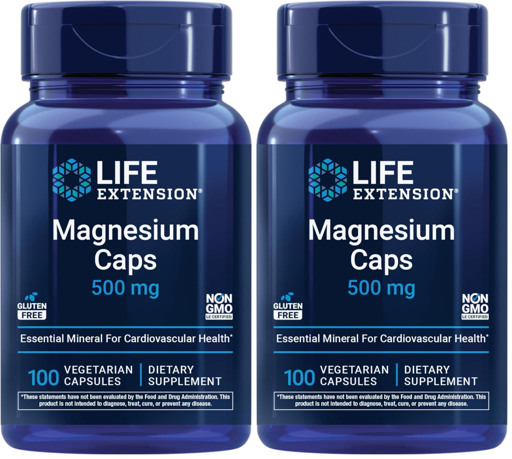 Life Extension Magnesium Caps, 500 mg, Magnesium Oxide, Citrate, Succinate, Heart Health, Healthy Bones, Metabolism Support, 100 Vegetarian Capsules (Pack of 2)