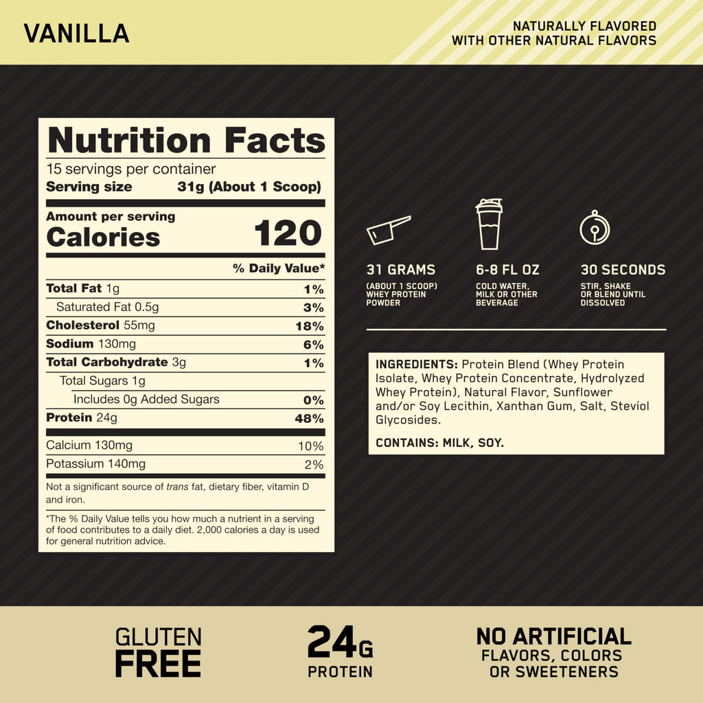 Optimum Nutrition Gold Standard 100% Whey Protein Powder, Naturally Flavored Vanilla, 15 Servings (Packaging May Vary)