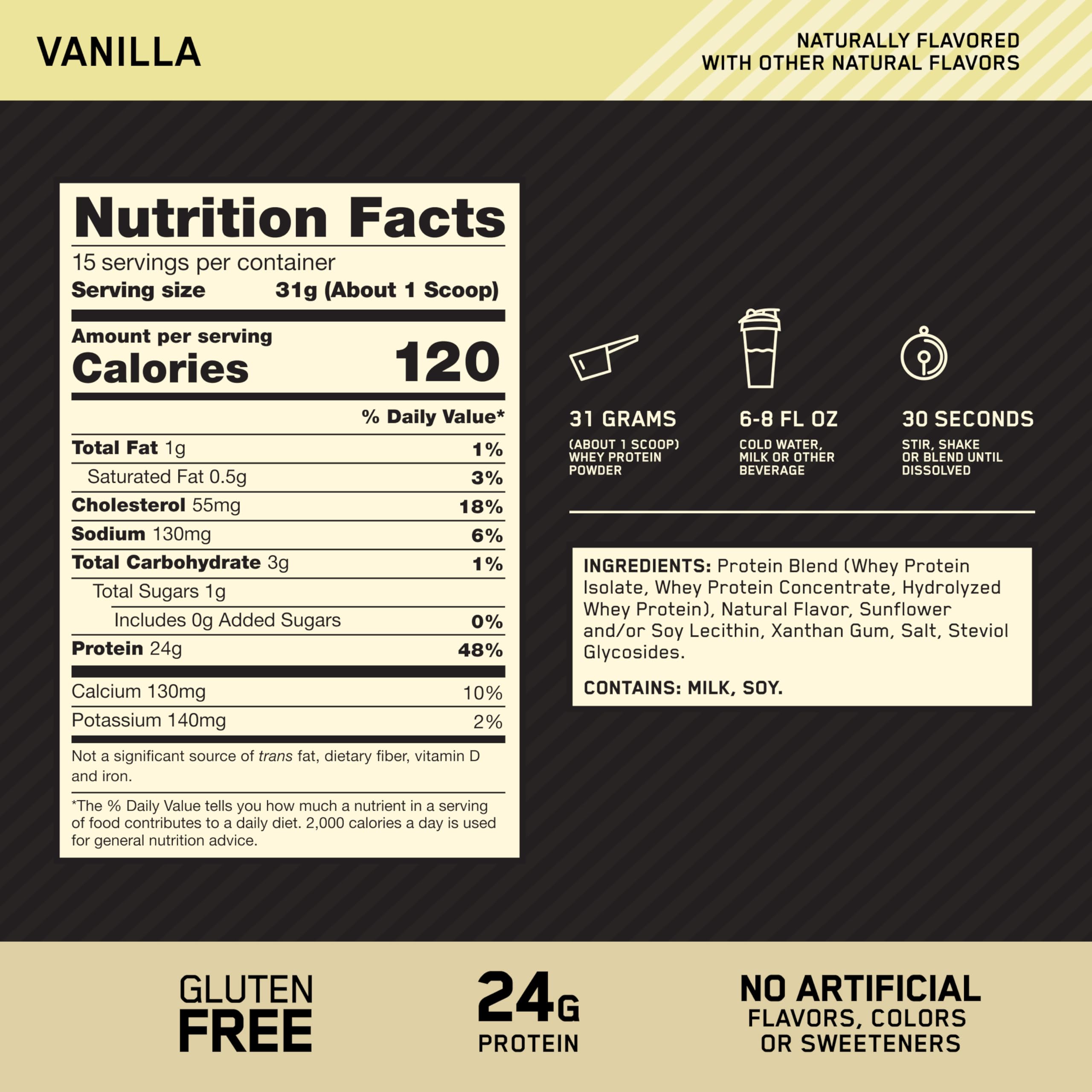 Optimum Nutrition Gold Standard 100% Whey Protein Powder, Naturally Flavored Vanilla, 15 Servings (Packaging May Vary)