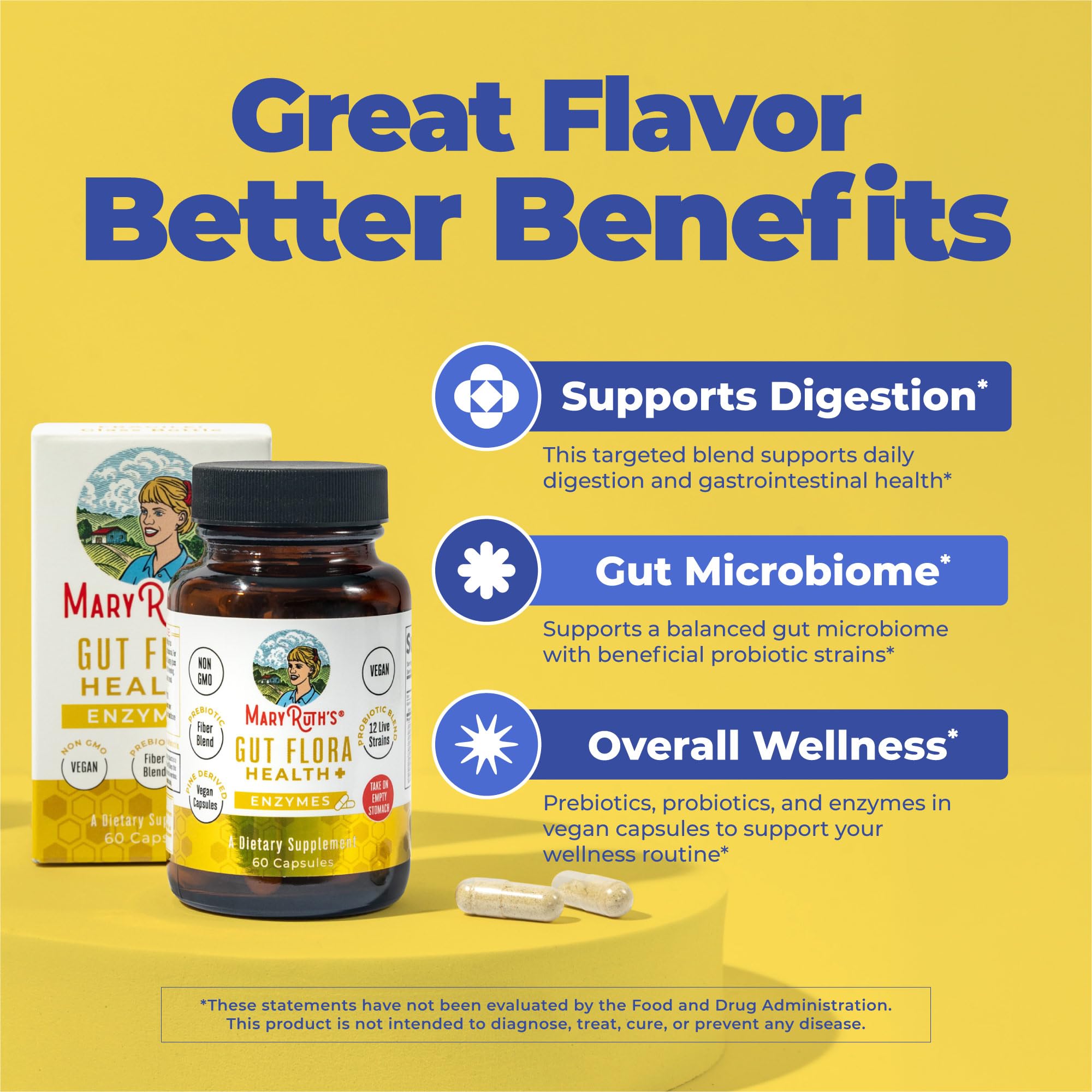 MARYRUTH'S Gut Flora Health+ Enzymes, Gastrointestinal Health, 60 Capsules