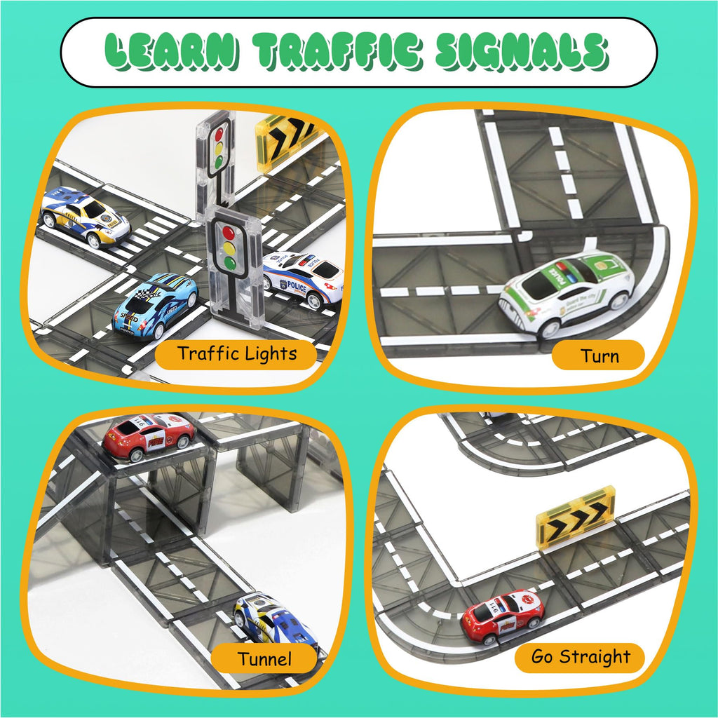 Magnetic Tiles Road Set with Pullback Car for Kids Ages 4-8 Boys Stem Toys