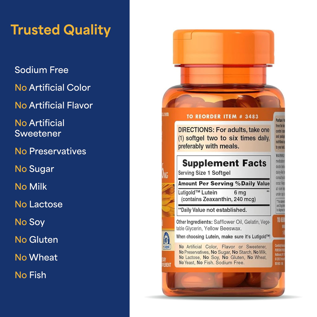Puritan's Pride Premium Lutigold™ Lutein Carotenoid 6mg with Zeaxanthin for Men and Women, Dietary Supplement for Eye Health Support, 200 Rapid Release Softgels