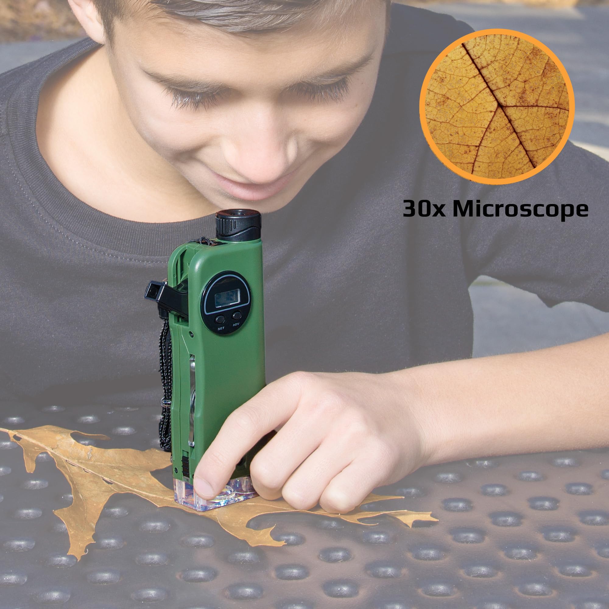 Carson X-Scope Kids 7 Function Multi Purpose Optical Pocket Tool with 30x Microscope, 8x Telescope, 9x Fold-Out Magnifier, Flashlight, Signal Whistle, Directional Compass and Digital Clock (CP-11)