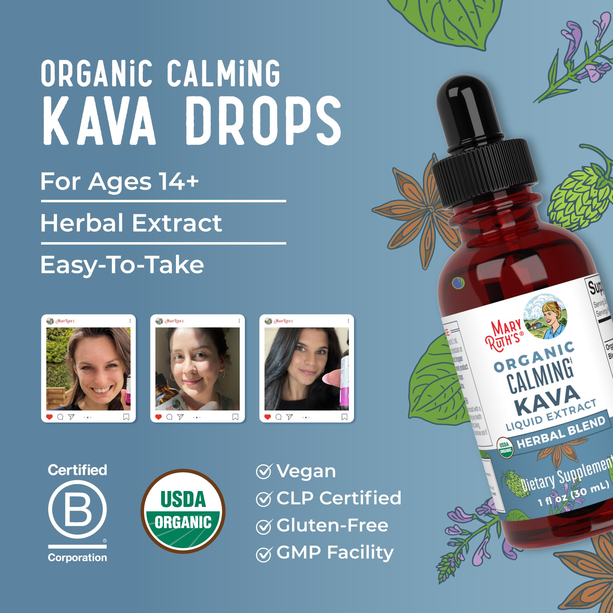 MaryRuth's Calming Kava Liquid Drops | Organic Kava Kava Root + 7 Herbs | Supplement for Sleep, Calm, & Stress Relief | Vegan | USDA Organic | CLP Certified | Non-GMO | Gluten Free | Sugar Free | 1 oz