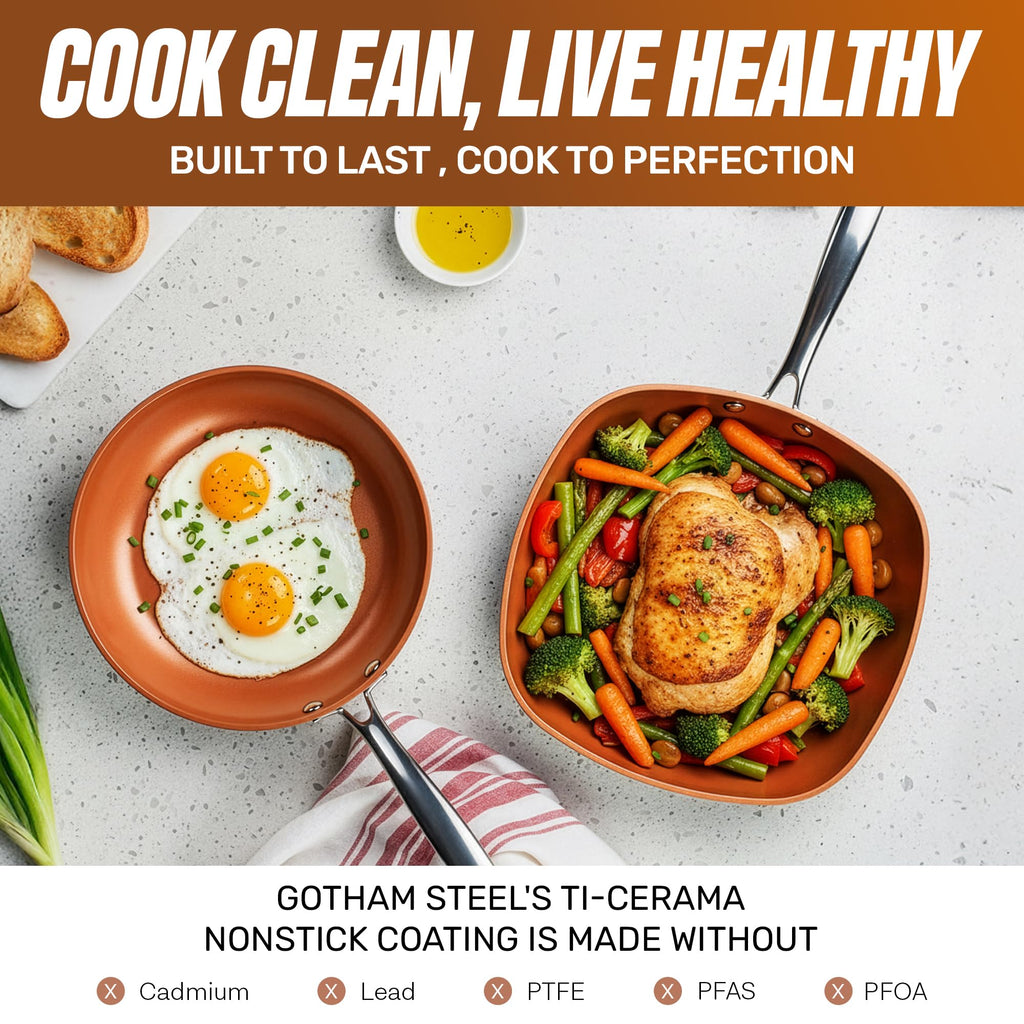 Gotham Steel 12 Pc Ceramic Cookware Set Nonstick, Ceramic Pots and Pans Set Non Stick with Steamer for Cooking, Non Toxic PFOA PFOS Free, Ergonomic Stay Cool Handles, Oven & Dishwasher Safe, Copper